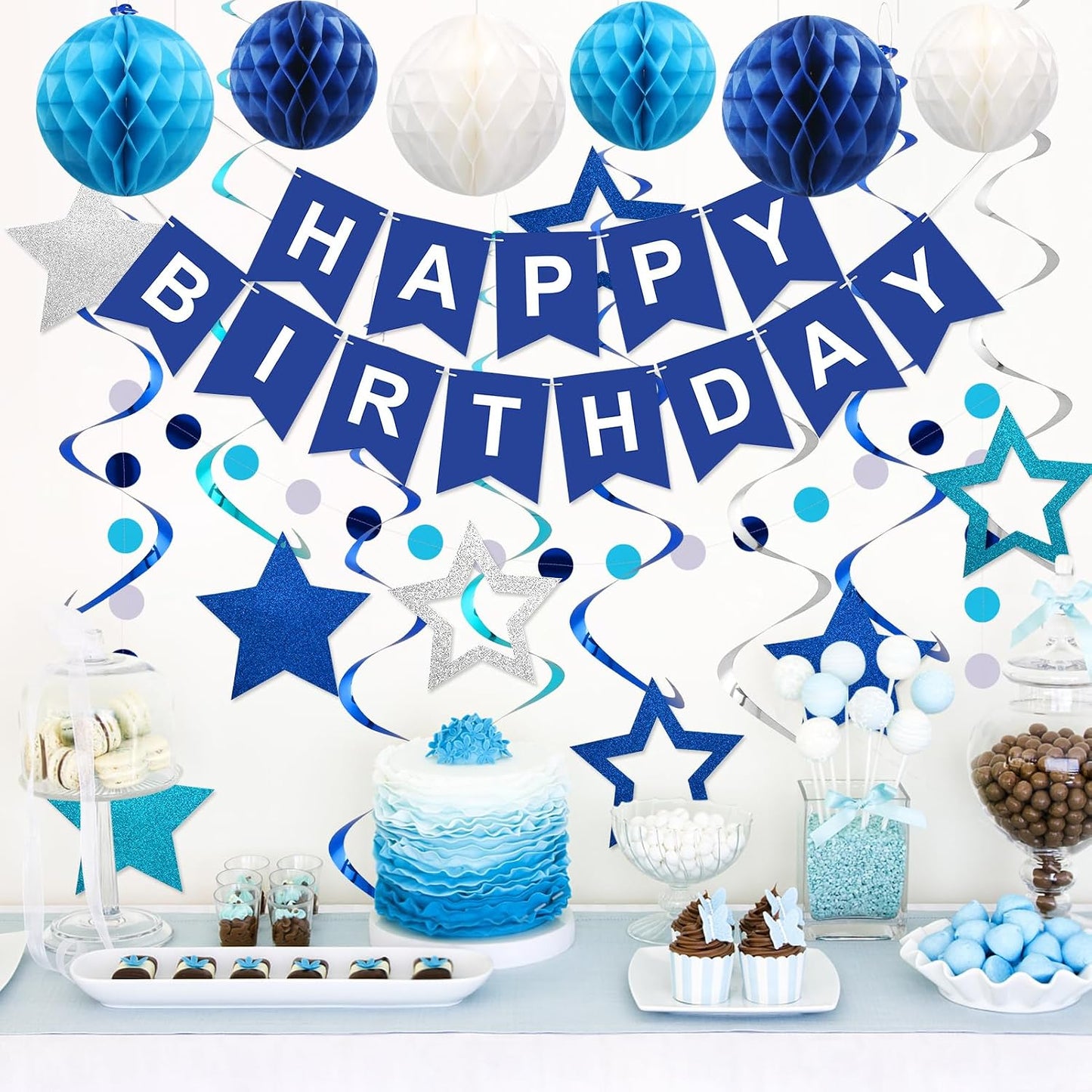 Hotmeowtastic Birthday Decorations Happy Birthday Banner with Honeycomb Balls | 16pcs Birthday Set: 1 Banner+6 Honeycomb Balls+8 Star Spirals+1 Circle Dots, Happy Birthday Decor - Blue