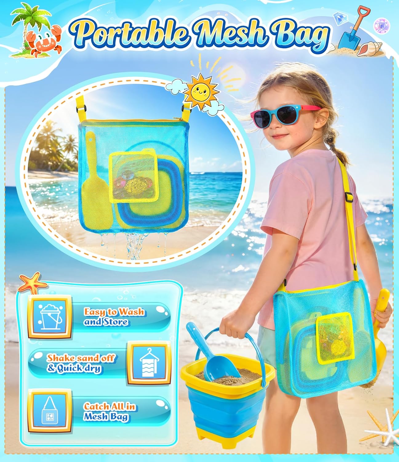 Hot DISHIO Beach Toys for Kids, 24 Pcs Metal Sand Sifter & Collapsible Beach Buckets Set, Stainless Steel Sand Shovel, Sandcastle Building Kit with Mesh Bag, Travel Sand Toys for Toddlers Age 3-10