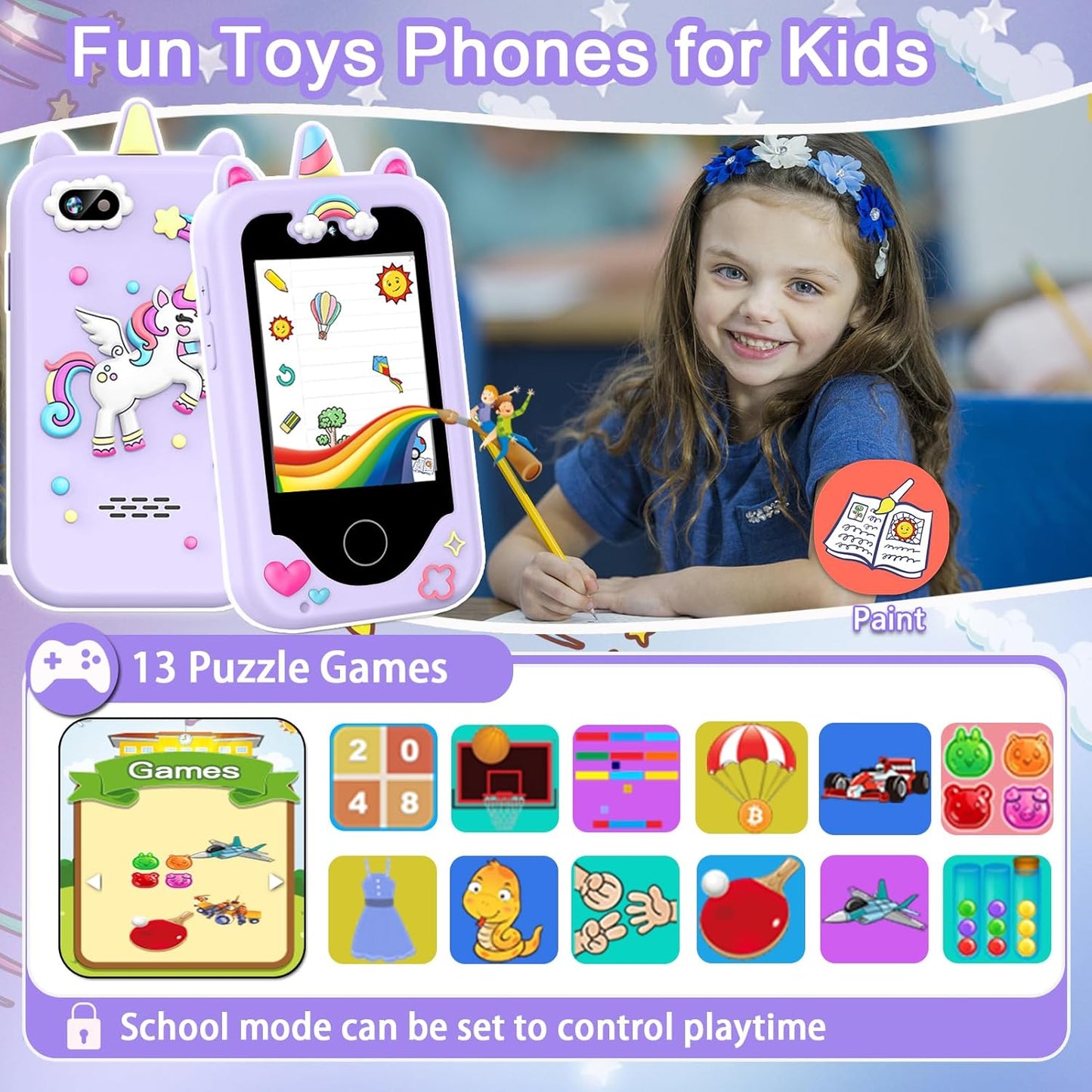 Hot Kids Smart Phone for Girls, Christmas Birthday Gifts for Girls Age 3-10 Kids Toys Cell Phone, 2.8" Touchscreen Toddler Learning Play Toy Phone with Dual Camera, Game, Music Player, 8GB Card Purple