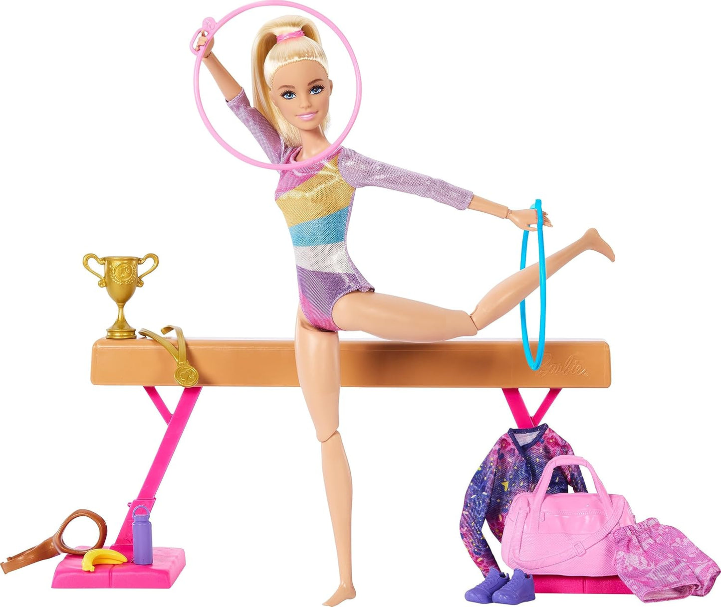 HotBarbie Gymnastics Doll & Accessories Playset | Blonde Fashion Doll, C-Clip for Flipping Action, Balance Beam, Warm-Up Suit & More