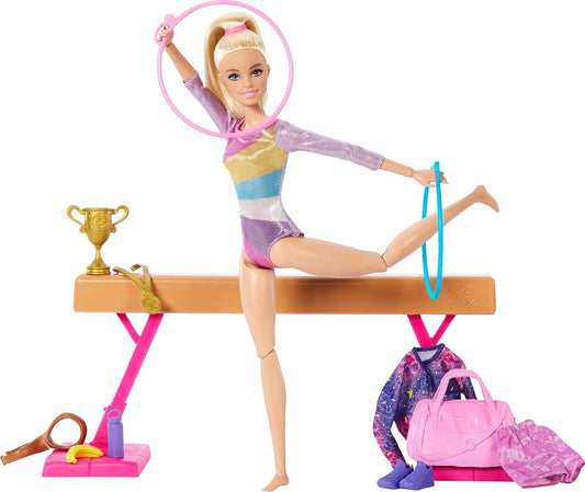 HotBarbie Gymnastics Doll & Accessories Playset | Blonde Fashion Doll, C-Clip for Flipping Action, Balance Beam, Warm-Up Suit & More
