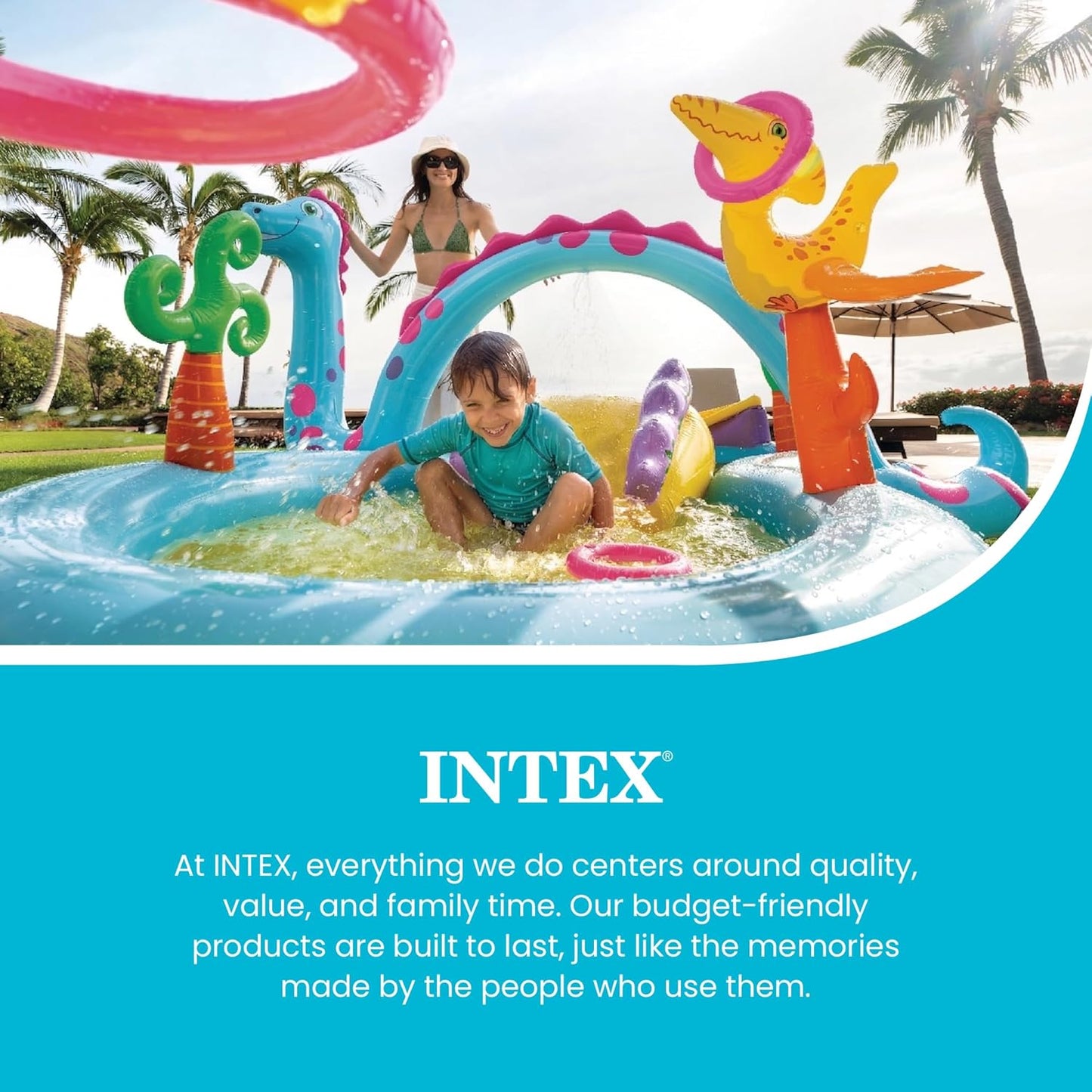 Hot INTEX Dinoland Inflatable Kiddie Pool: Inflatable Kids Pool with Water Sprayer and Slide – Splash Pad – 119" x 90" x 44" – Ages 3+