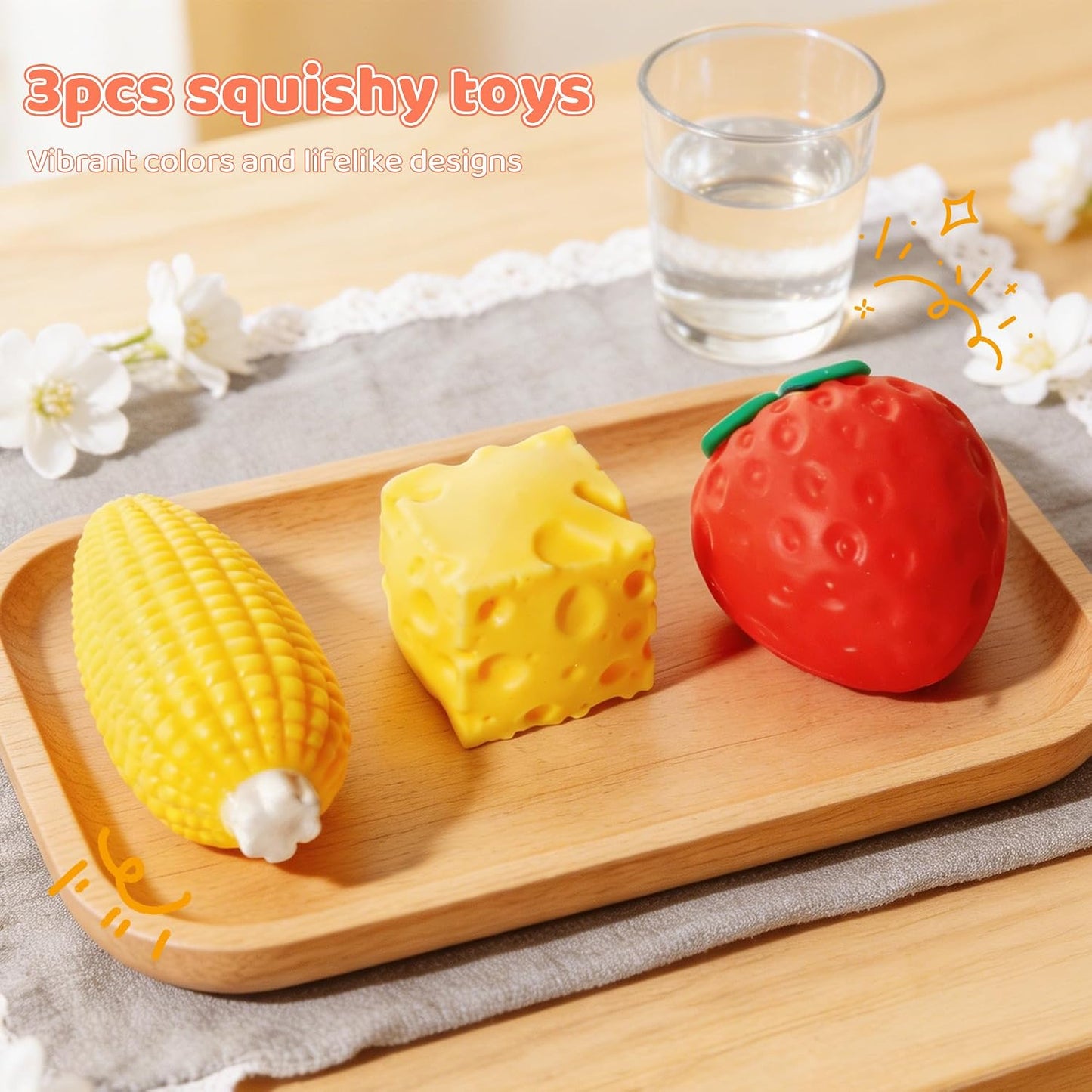 Hot 3pcs Fruit Squishy- Cheese Squishy,Strawberry Corn Squishy,Squeeze Toys,Fruit squishies for Stress Relief,Gift for Boys Girls Adults