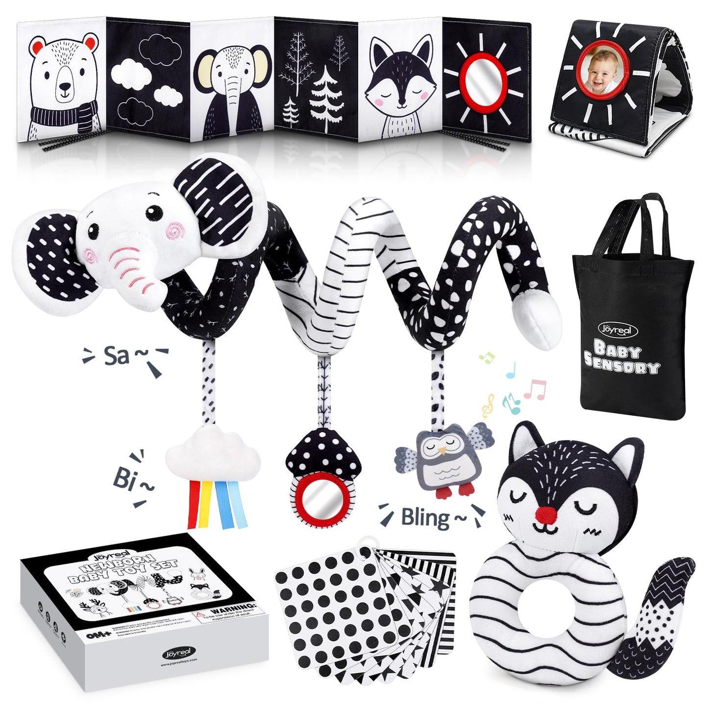 Hot Joyreal High Contrast Baby Toys for Newborn, Black and White Baby Sensory Toys with Car Seat Toys,Infant Toys with Black White Cards Book, Montessori Toys for Baby Gifts
