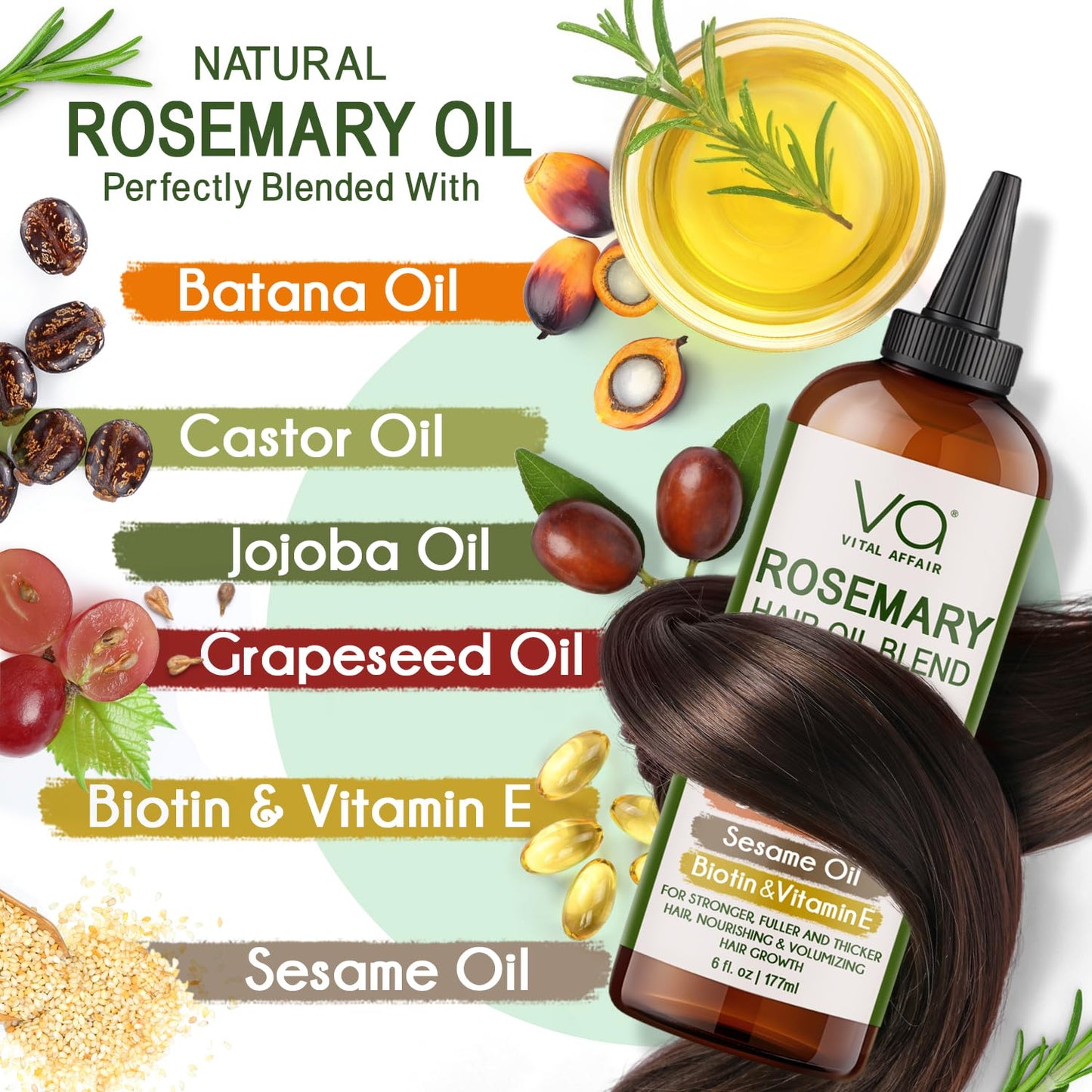 HotBlend Of Pure Rosemary Oil For Hair Growth With Castor, Batana, Jojoba Oil-Infused With Biotin & Vitamin E-Blend of Effective Hair Oils for Hair Growth-Strengthening Treatment-By Vital Affair-6 Fl Oz