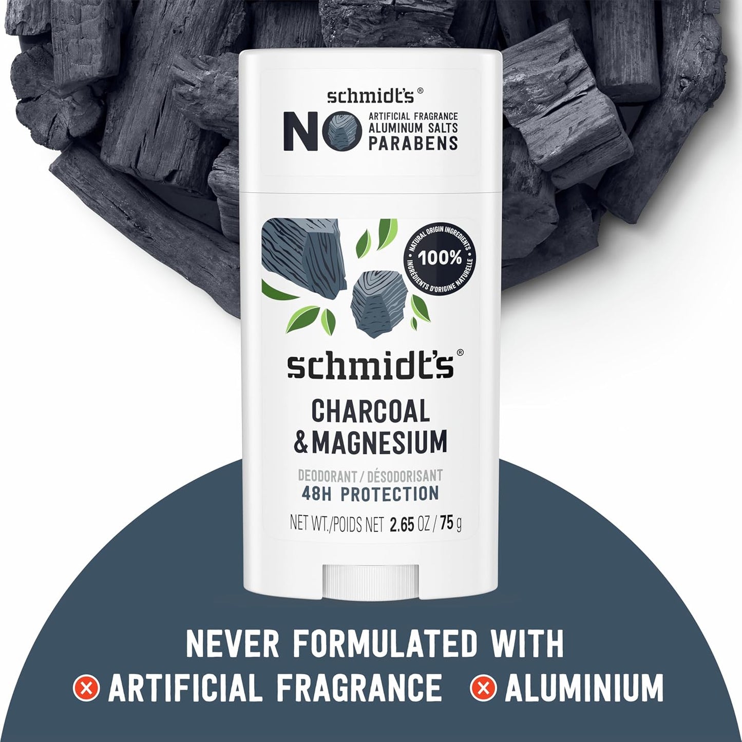 HotSchmidt's Aluminum-Free Vegan Deodorant Charcoal & Magnesium with 24 Hour Odor Protection, for Women and Men, Natural Ingredients, Cruelty-Free, 2.65 oz