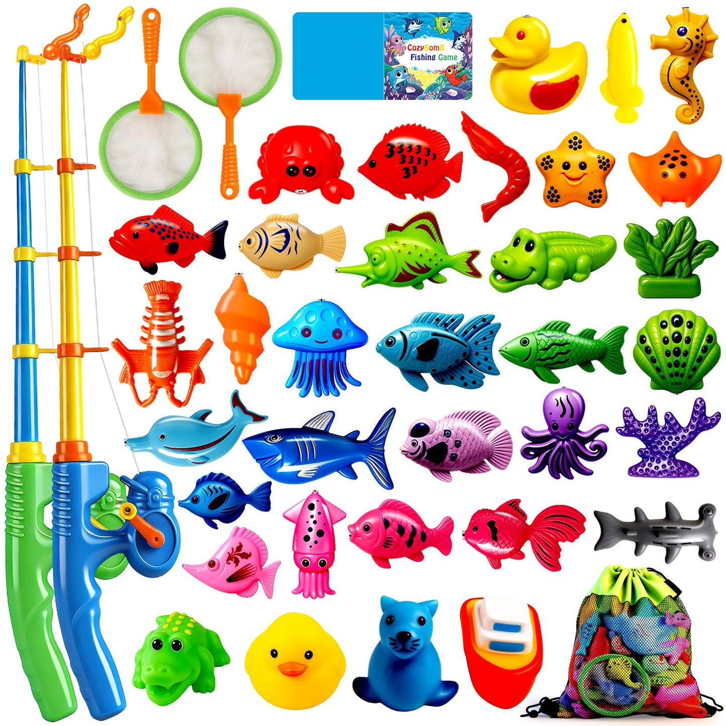 Hot CozyBomB™ Magnetic Fishing Toys Game Set for Kids | Water Table Bathtub Kiddie Pool Party Pole Rod Net, Outdoor Plastic Floating Fish, Toddler Bath Color Ocean Sea Animals Birthday Gift Age 3-5 6 4-8