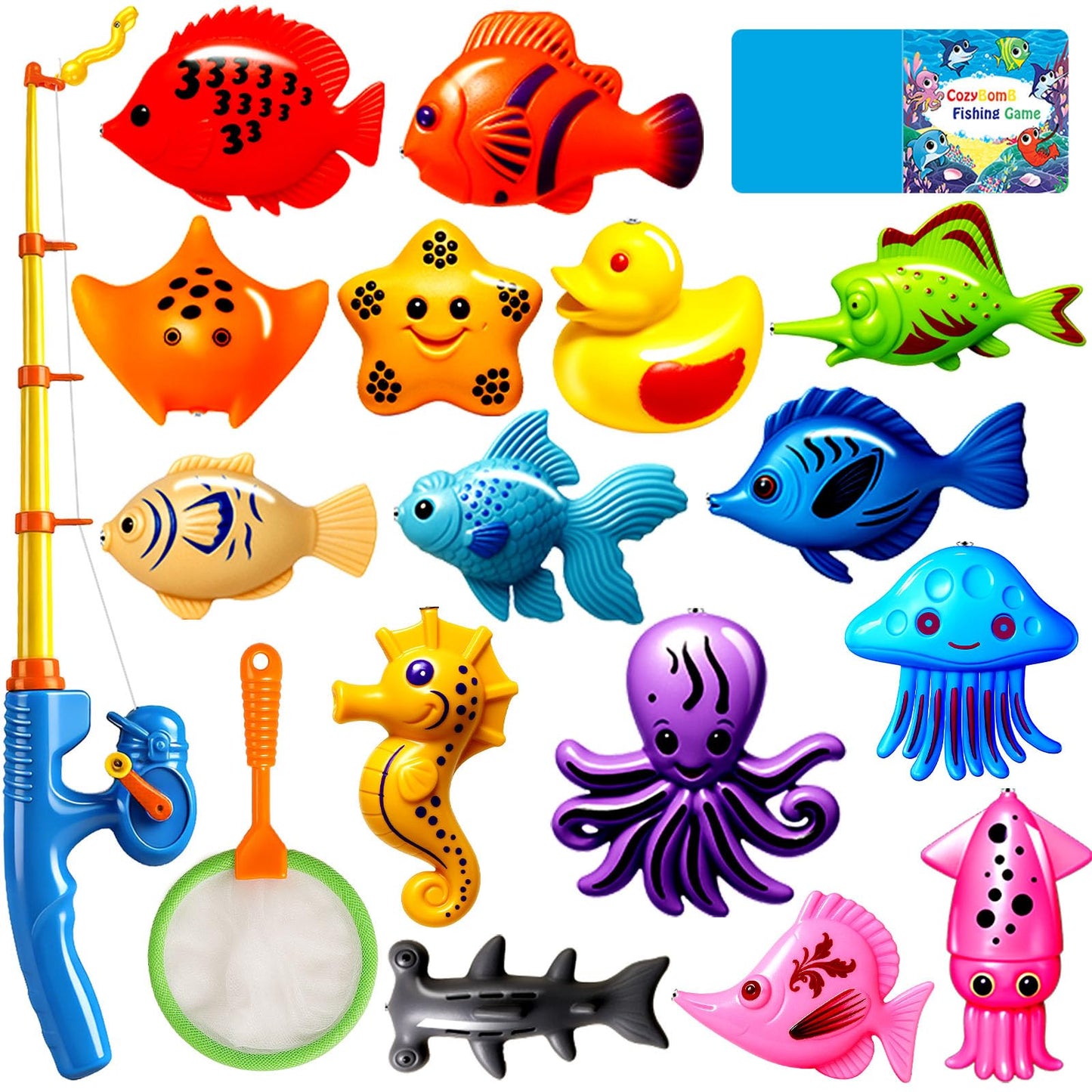 Hot CozyBomB™ Magnetic Fishing Toys Game Set for Kids | Water Table Bathtub Kiddie Pool Party Pole Rod Net, Outdoor Plastic Floating Fish, Toddler Bath Color Ocean Sea Animals Birthday Gift Age 3-5 6 4-8