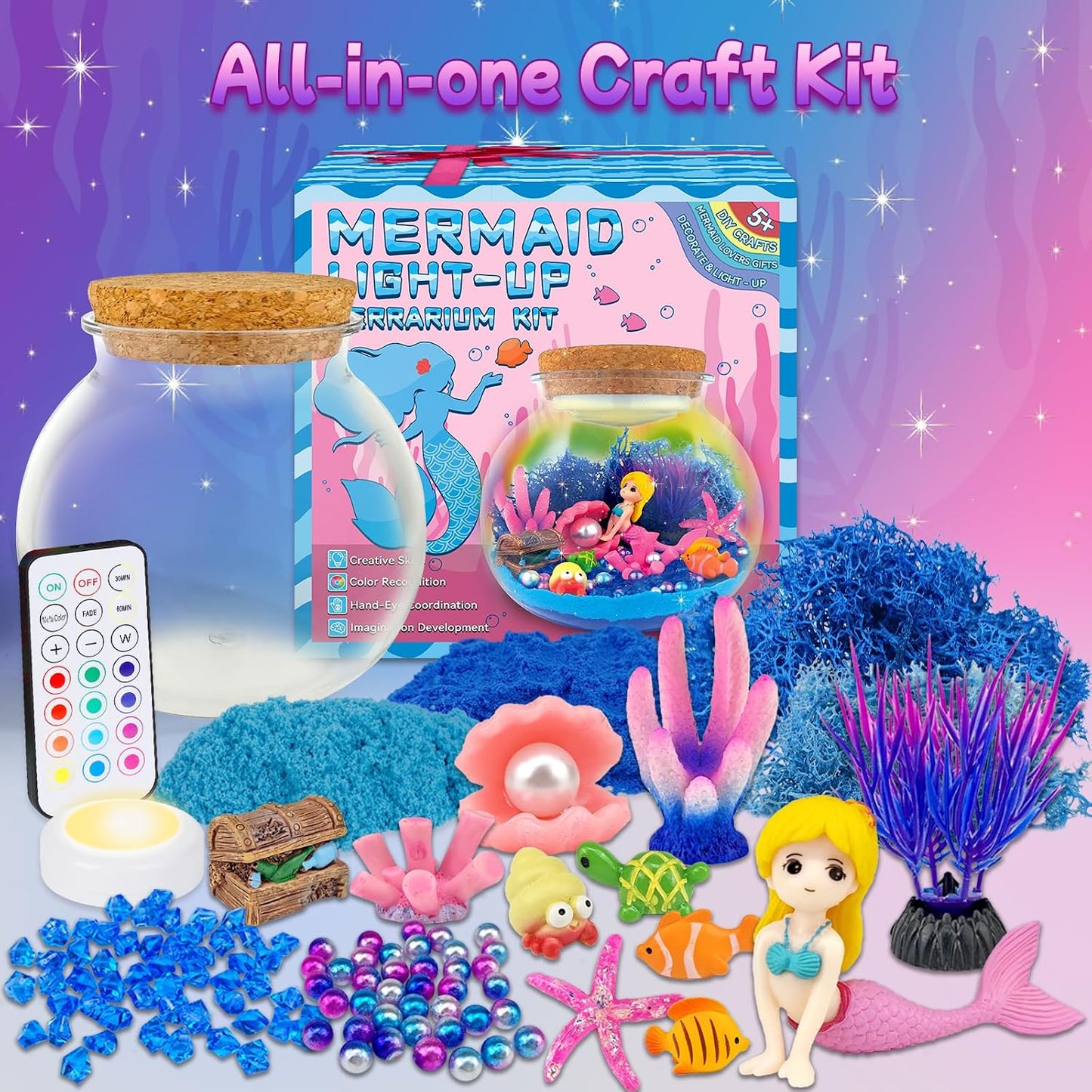 Hot 7july Mermaid Terrarium Craft Kit for Kids - LED Night Light Up & Remote Mermaid Birthday Gifts Toys for Girls Age 5 6 7 8 9 10 11 12 Year Old