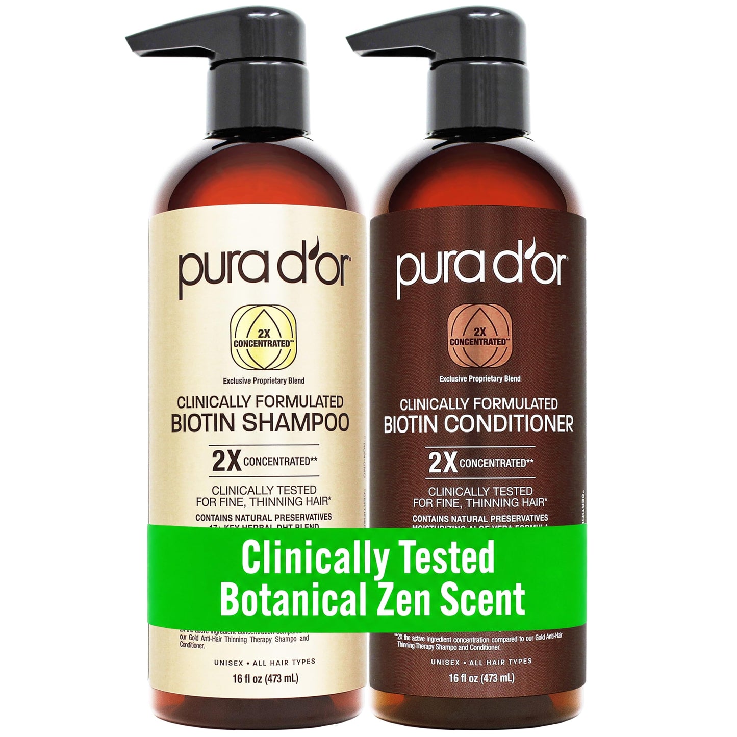 HotPURA D'OR Anti-Thinning Biotin Shampoo & Hair Regrowth Conditioner, CLINICALLY TESTED Effective Results, Thickening Herbal Blend For Women & Men, Original Gold Label Set, Natural Earthy Scent, 16oz x2