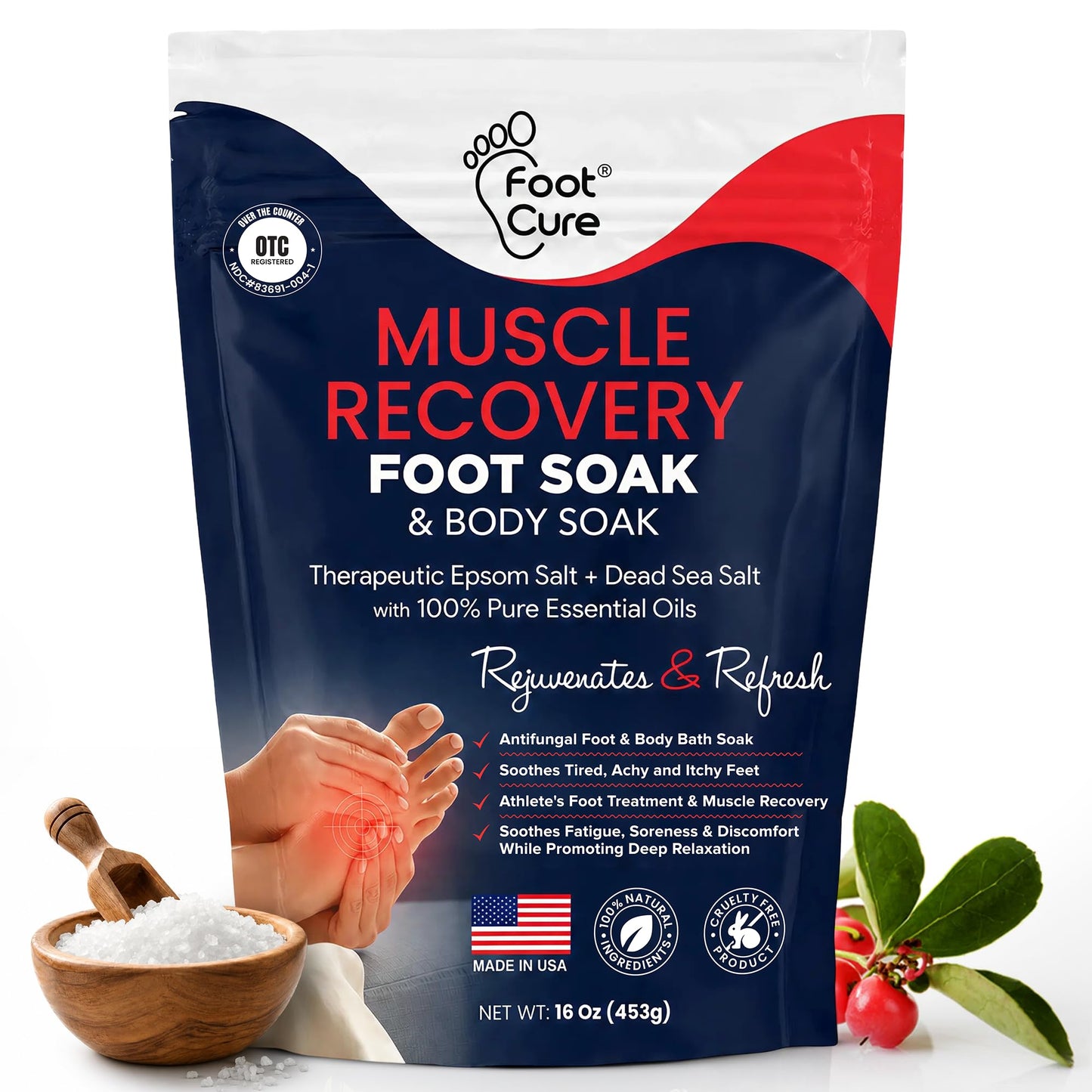 HotTea Tree Oil Foot Soak with Epsom Salt - For Toenail Repair, Athletes Foot, Softens Calluses, Soothes Sore & Tired Feet, Nail Discoloration, odor Scent, Spa Pedicure Care - Made in USA 16 oz