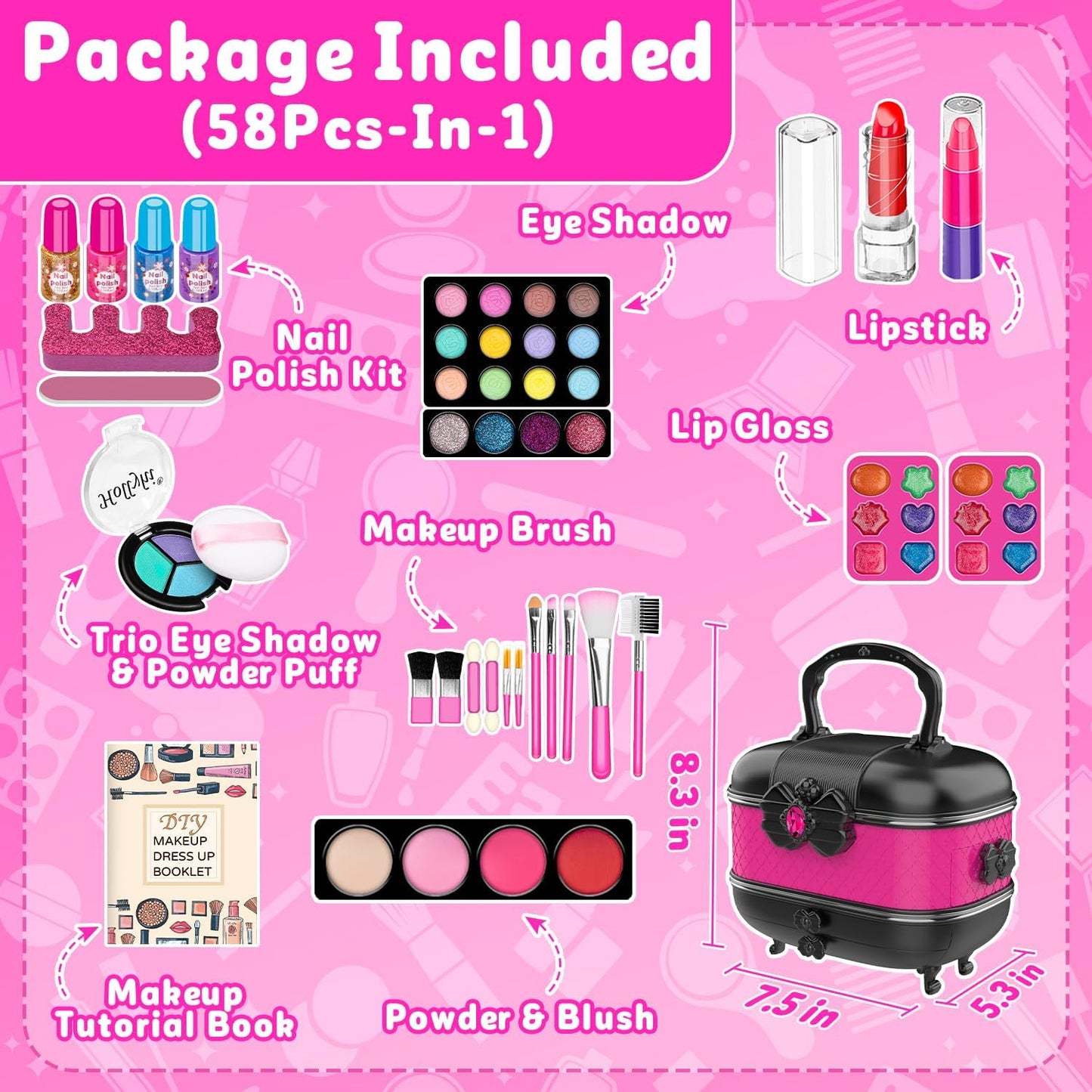 HotHollyhi 58 Pcs Kids Makeup Kit for Girl, Princess Toys Real Washable Cosmetic Set with Mirror, Kids Makeup Sets for Girls, Play Make Up Birthday Gifts for 3 4 5 6 7 8 9 10 11 12 Years Old Kid (Rose)