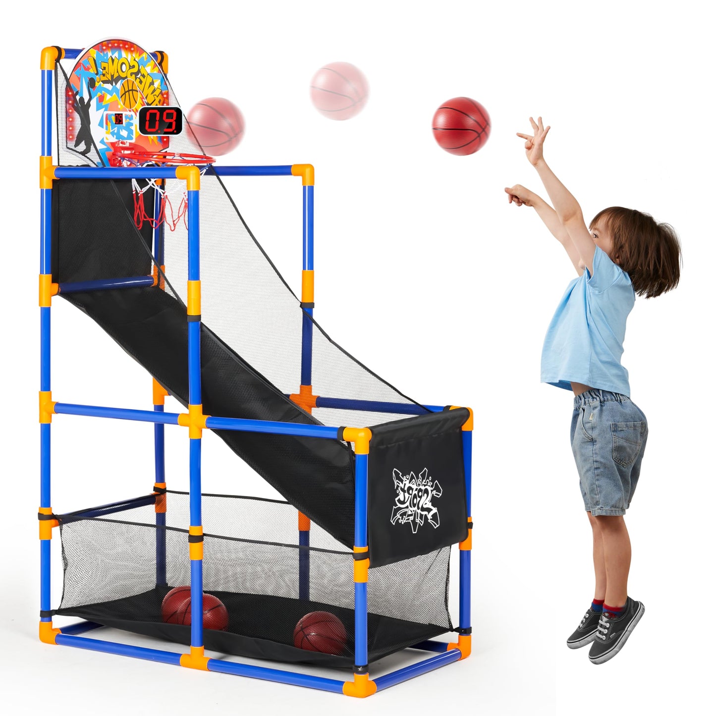 HotJOYIN Arcade Basketball Game Set with 4 Balls and Hoop for Kids 3+ Years Old Indoor Outdoor Sport Play - Easy Set Up - Air Pump Included - Ideal for Competition