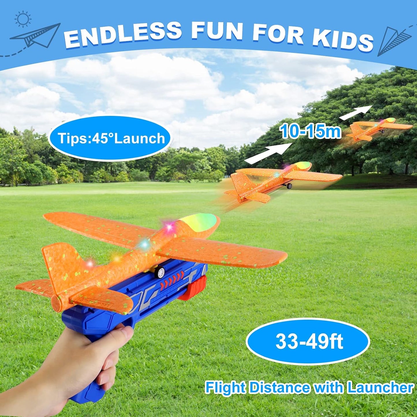 HotFuwidvia 3 Pack Airplane Launcher Toys, 13.2'' LED Foam Glider Plane Toy for Boys, 2 Flight Modes Outdoor Flying Toys Birthday Gifts for Boys Girls 4 5 6 7 8 9 10 11 12 Year Old (Blue&Green&Orange)