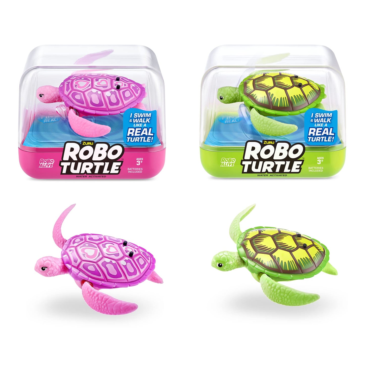 HotRobo Alive Robo Turtle Robotic Swimming Turtle (Green + Pink) by ZURU Water Activated, Comes with Batteries, Exclusive (2 Pack)
