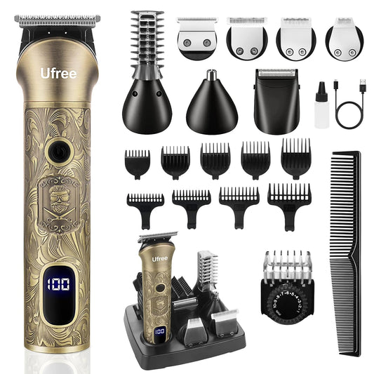 HotUfree 7-in-1 Beard Trimmer for Men, Electric Razor Shaver, Men Grooming Kit | 1-10 mm Adjustable Comb for All Mustache Lengths, Type-C, LED Display, Versatile Use on Sideburns, Body, Nose Hair, Men Gift