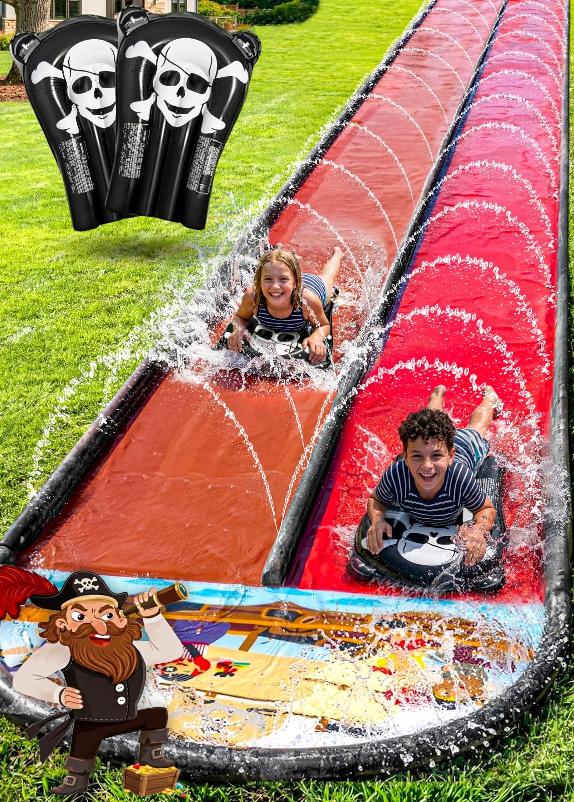 HotJAMBO Premium Triple Water Slide and 3 Bodyboards, 16Ft Heavy Duty Slip Splash and Slides-Advanced 3-Way Sprinkler System, Splash Pad Mat Backyard Summer Outdoor Water Toys n Long Slides for Kids