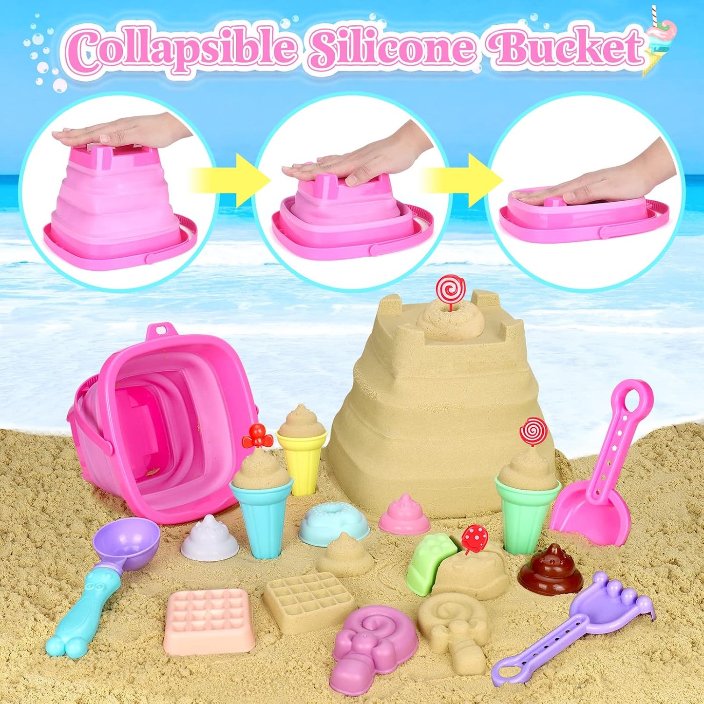 HotCollapsible Beach Toys Set for Kids Toddlers Girls, Collapsible Sand Bucket and Shovels Set with Mesh Bag & Sand Molds, Ice Cream Travel Sand Toys for Beach, Sandbox Toys for Toddlers Kids Age 3-10