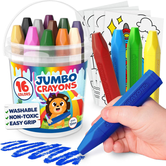 Hot Jumbo Crayons For Toddlers 1-3 - 16pc Toddler Crayons For Kids Ages 4-8 1-3 2-4 - With Printed & PDF Crayon Color Sheets - Non Toxic, Washable, Large & Easy To Grip - Toddler Coloring Art Supplies