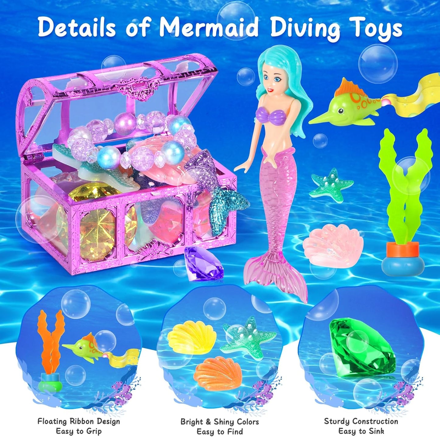 HotVGOFUN Diving Pool Toys for Kids Ages 3-12, 31 Pcs Mermaid Pool Toys, Diving Gem Toys with Pirate Treasure Chest, Summer Underwater Game Toys Swimming Training Gift for Boys Girls with Storage Bag