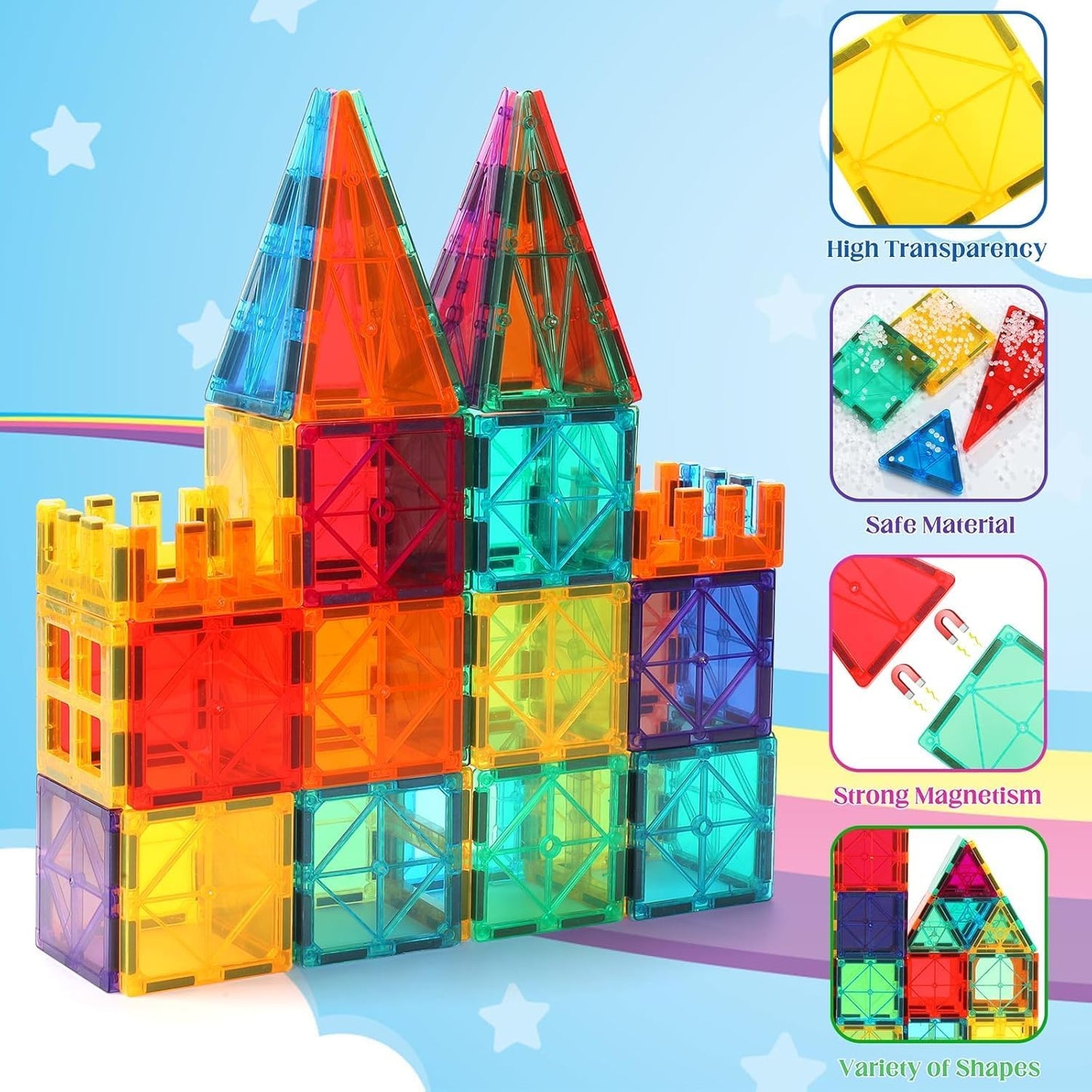 HotOugerToy 104PCS Magnetic Tiles STEM Building Blocks for Kids Ages 3-9, Educational Stacking Toys with Car Bases, Creative Construction Gift for Boys Girls