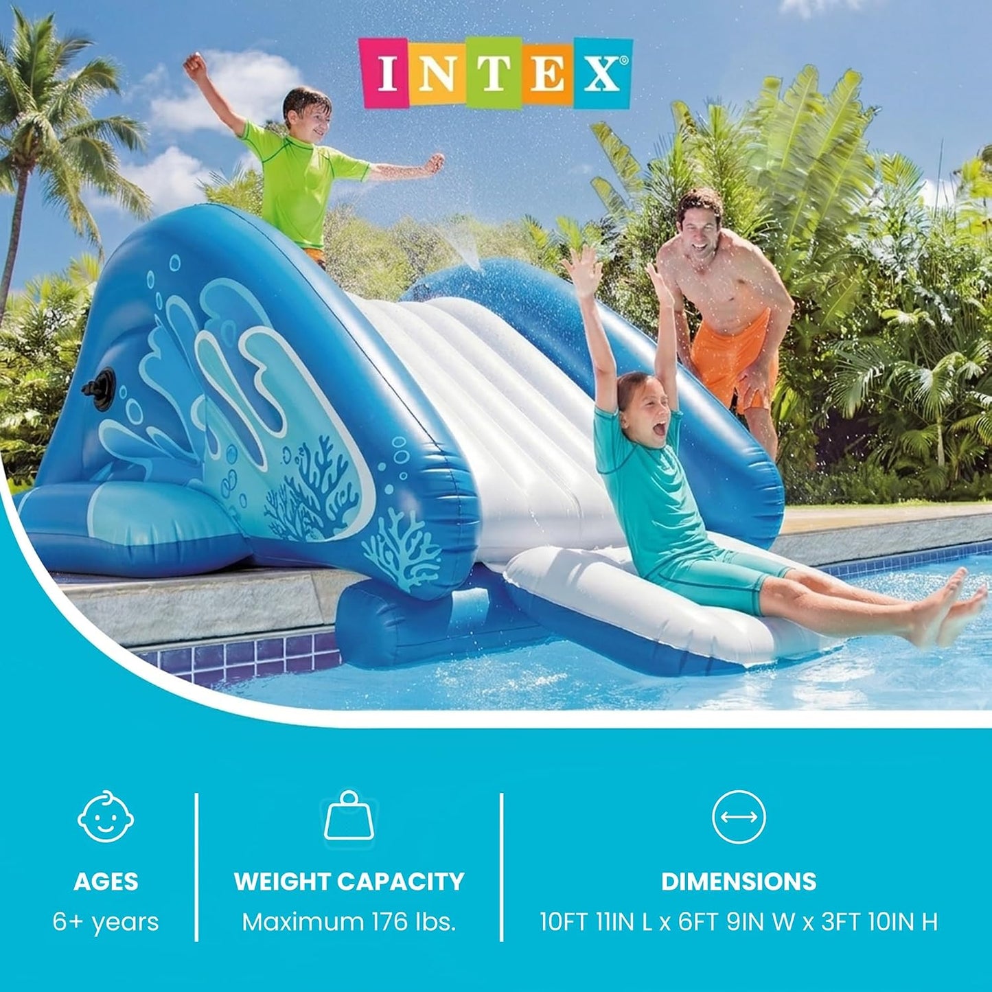 HotINTEX 58849EP Kool Splash Inflatable Water Slide Swimming Pool Play Center with Built in Sprayers for Kids and Adults, Ages 6 and Up, Blue