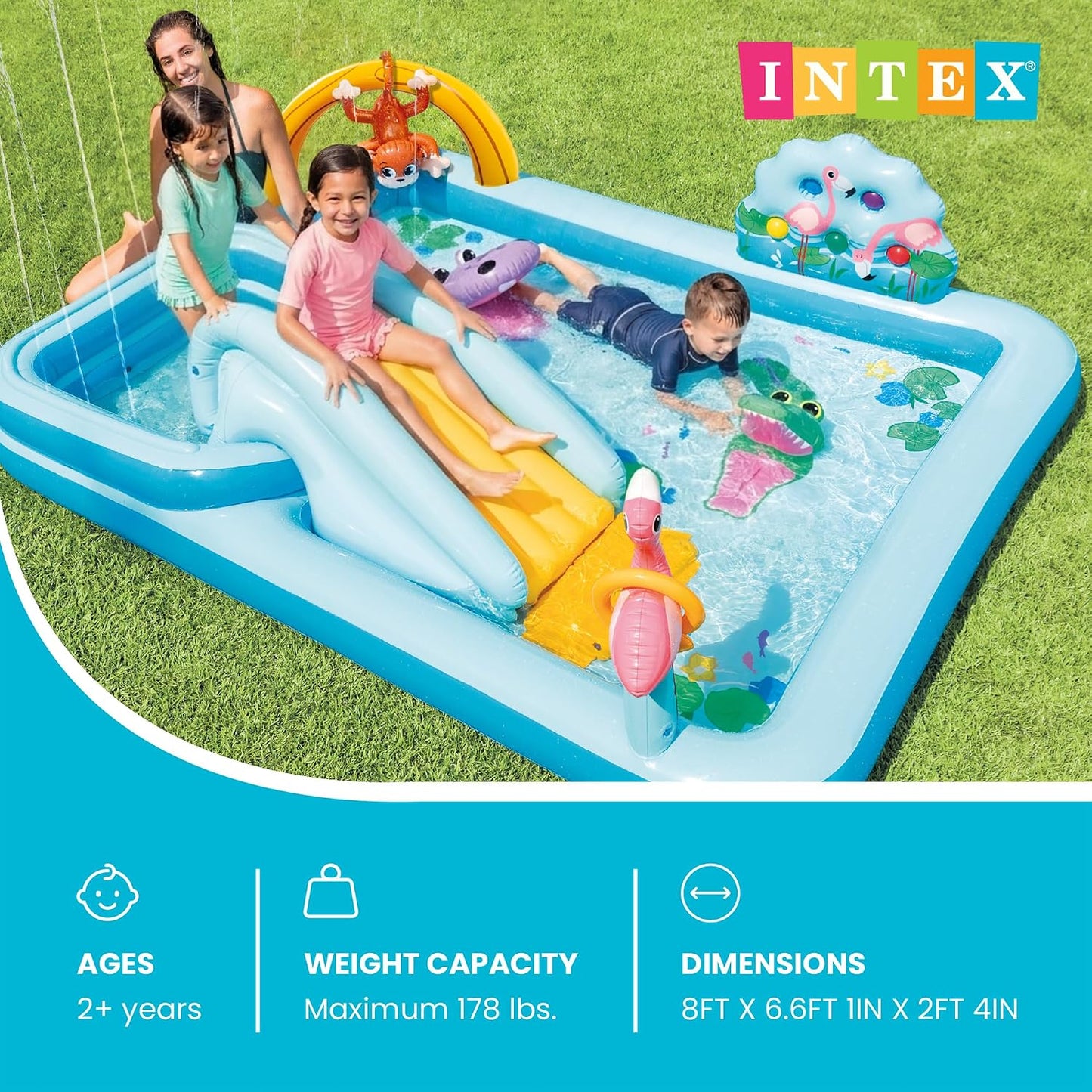 Hot Intex 96" x 78" x 28" Inflatable Jungle Adventure Play Center Spray Kiddie Pool - Backyard Kids Water Slide, Outdoor Blow-Up Splash Pad for Toddlers