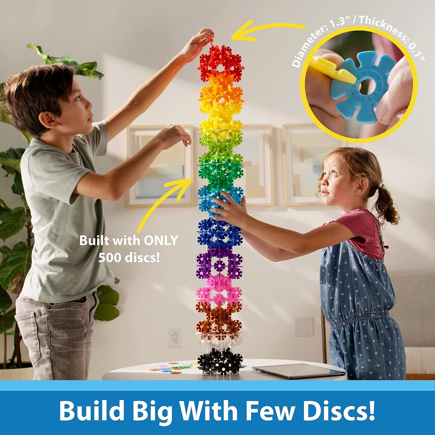 HotBrain Flakes 500 Piece Set, Ages 3+, Interlocking Plastic Disc Toy for Creative Building, Educational STEM Learning, Construction Block Play for Kids, Teens, Adults, Boys, and Girls