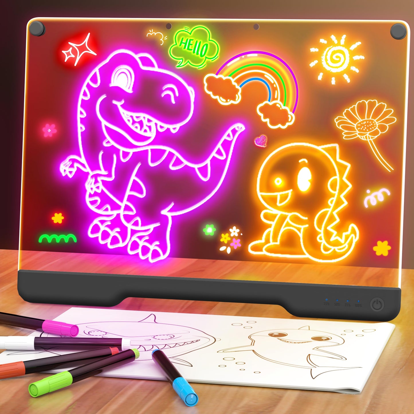 HotGeokay 16" Rechargeable LED Drawing Board, 9-Color Light Modes, Neon Art Dry Erase Light Up Doodle Glow Pad with Built-in Stand, Sketching Gift Toy for Kids/Girls/Teens, 7 Markers & Tracing Book