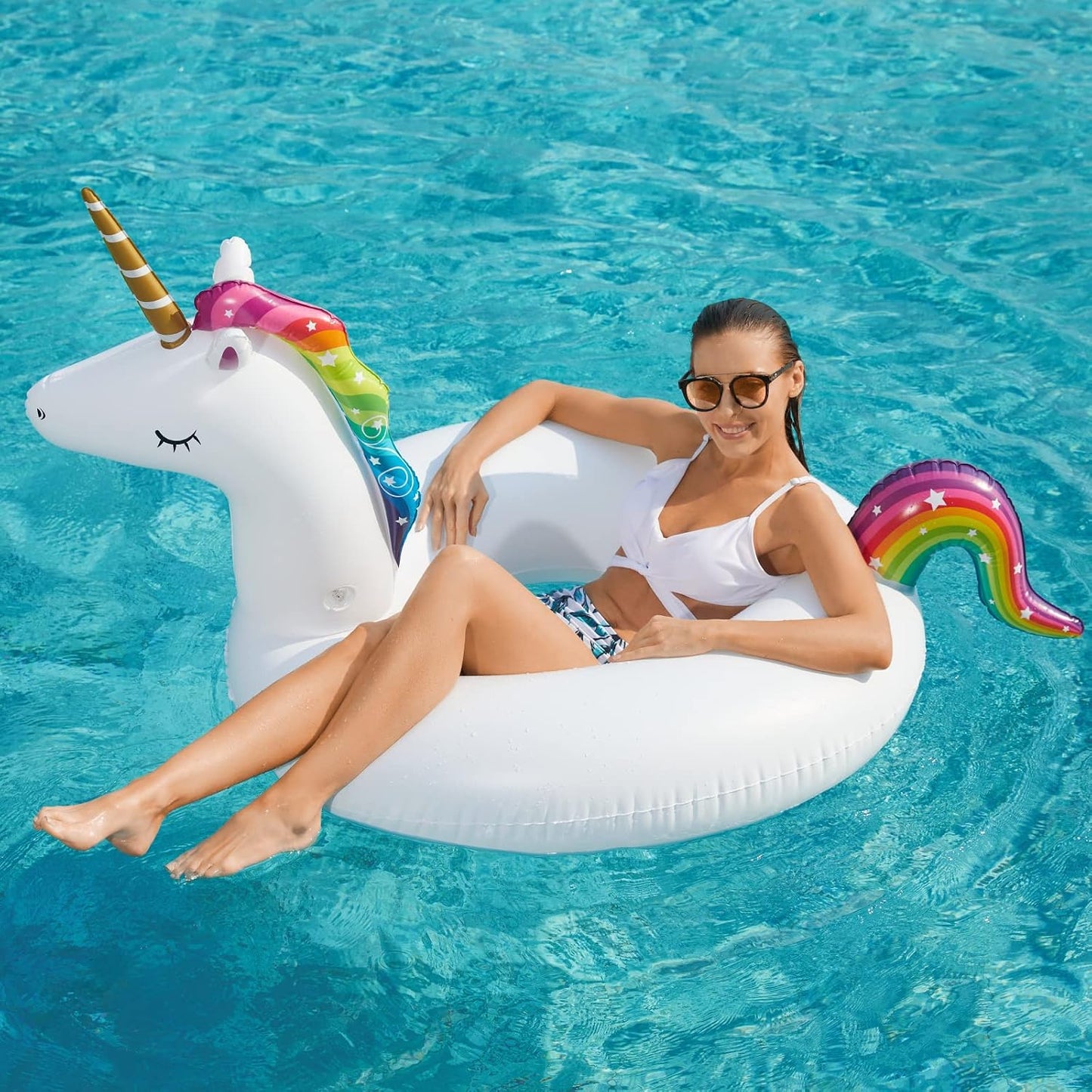 HotJasonwell 2 Pack Unicorn Flamingo Pool Floaties - Inflatables Rafts for Swimming, Lake, Beach - Floaty Swim Rings for Adults, Kids