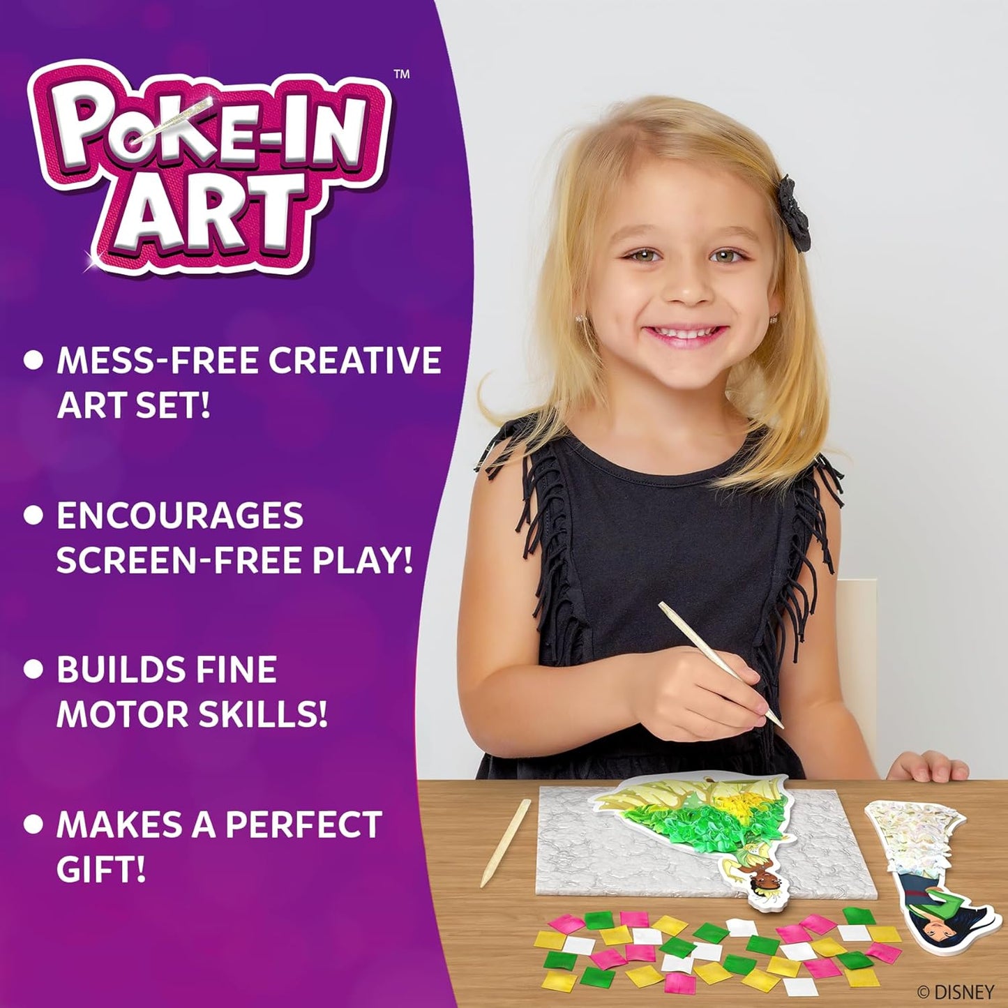 HotSkillmatics Poke-in Art – Disney Princesses, Mess-Free DIY Wood Craft Kit | Screen-Free Entertainment, Fun Colorful Creative Activity for Kids, Cinderella, Ariel, Gifts for Girls Ages 4, 5, 6, 7, 8, 9