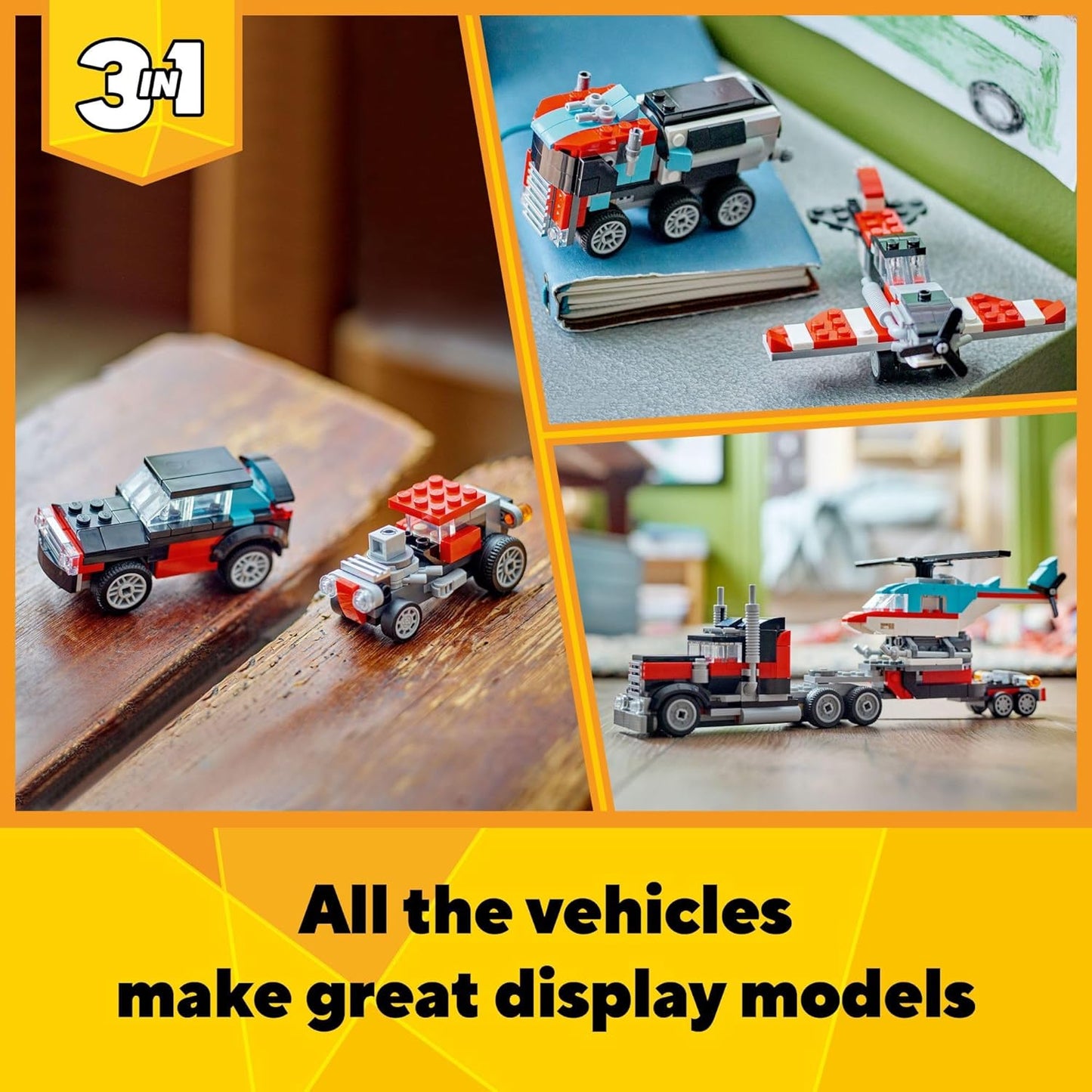 HotLEGO Creator 3 in 1 Flatbed Truck with Helicopter Toy, Transforms from Flatbed Truck Toy to Propeller Plane to Hot Rod and SUV Cars, Gift Idea for Boys and Girls Ages 7 Years Old and Up, 31146