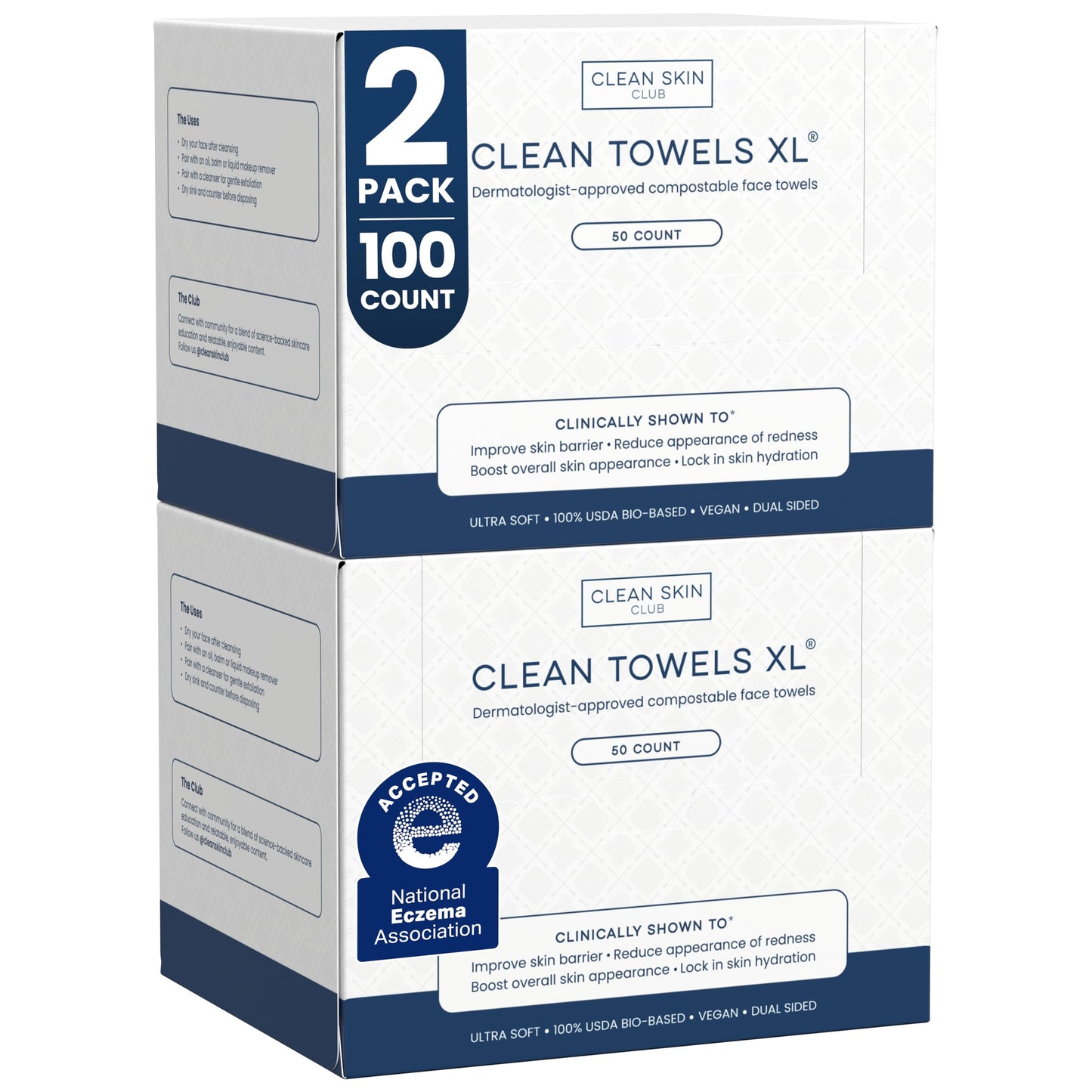 HotClean Skin Club Clean Towels XL®, 100% USDA Biobased Face Towel, Disposable Face Towelette, Eczema Association Accepted, Makeup Remover Dry Wipes, Ultra Soft, 50 ct per pack, 2 Packs, 100 Ct Total
