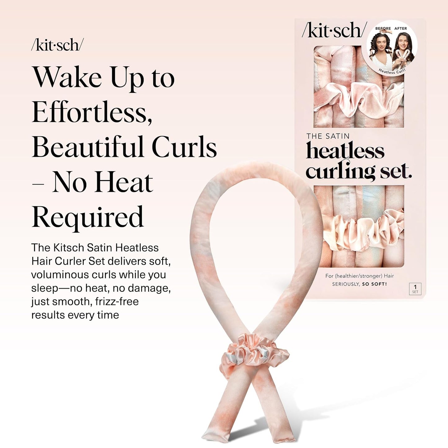 HotKitsch Satin Heatless Curls Overnight Set - Sunset Tie Dye | No Heat Damage Overnight Curls | Comfortable Frizz Free Hair Curlers To Sleep In with 34" Hair Waver & 2 Satin Scrunchies