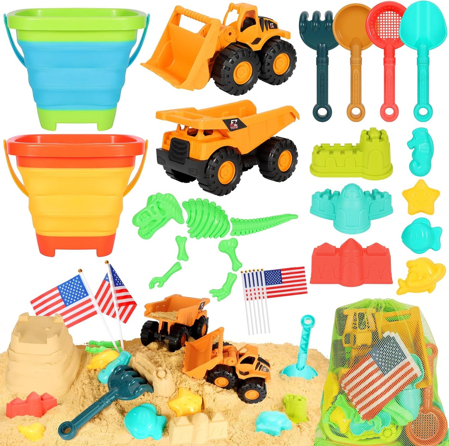HotHUITEM Beach Sand Toys for Kids, 29PCS Sandbox Toys with 2 Collapsible Bucket Sand, 2 Dump Truck, Dinosaur Molds, Castle Building Kit, Shovel Sieve,Flags,Mesh Bag Travel Beach Toys for Toddler 3-10