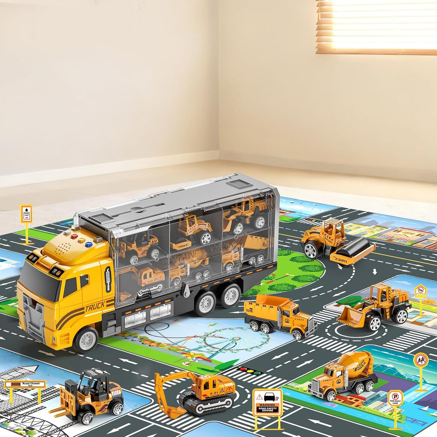 HotNIPLOOOW Toddler Boys Construction Truck Vehicle Toy Set with Play Mat and Die-Cast Toy Car, Transport Carrier Truck for Kids 3-5, Birthday Gifts Toys for 3-8 Year Old Boys