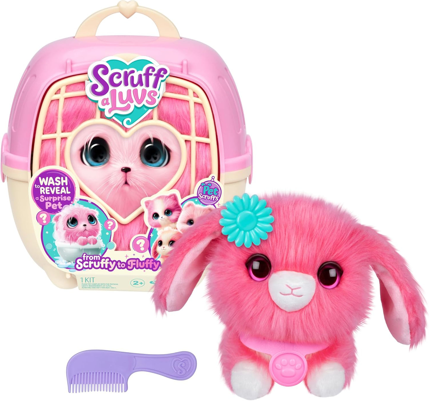 Hot ScruffaLuvs Pink Surprise Pet, Mystery Plush Toy, Wash to Reveal | Wash to reveal 1 of 3 rescue pets, includes deluxe carrier & comb; plush toys for girls ages 3+, gift