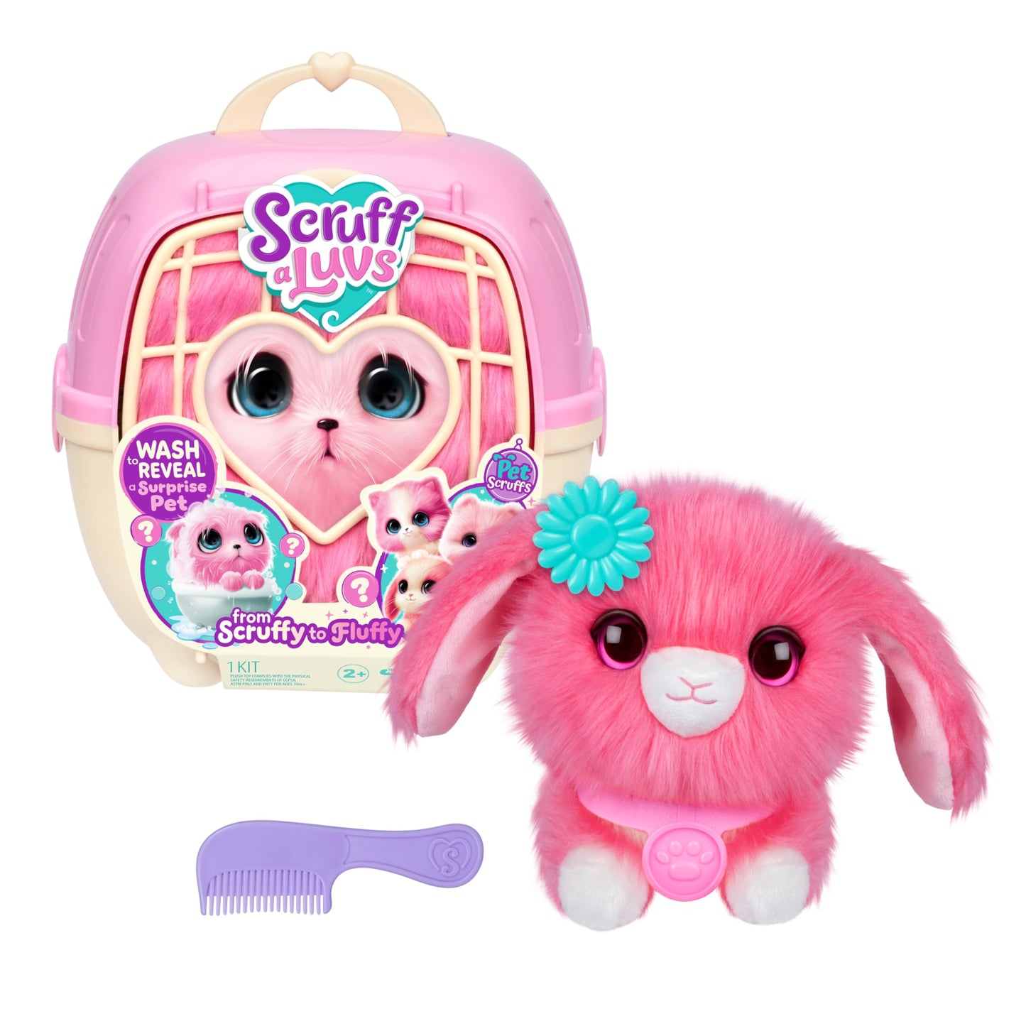 Hot ScruffaLuvs Pink Surprise Pet, Mystery Plush Toy, Wash to Reveal | Wash to reveal 1 of 3 rescue pets, includes deluxe carrier & comb; plush toys for girls ages 3+, gift