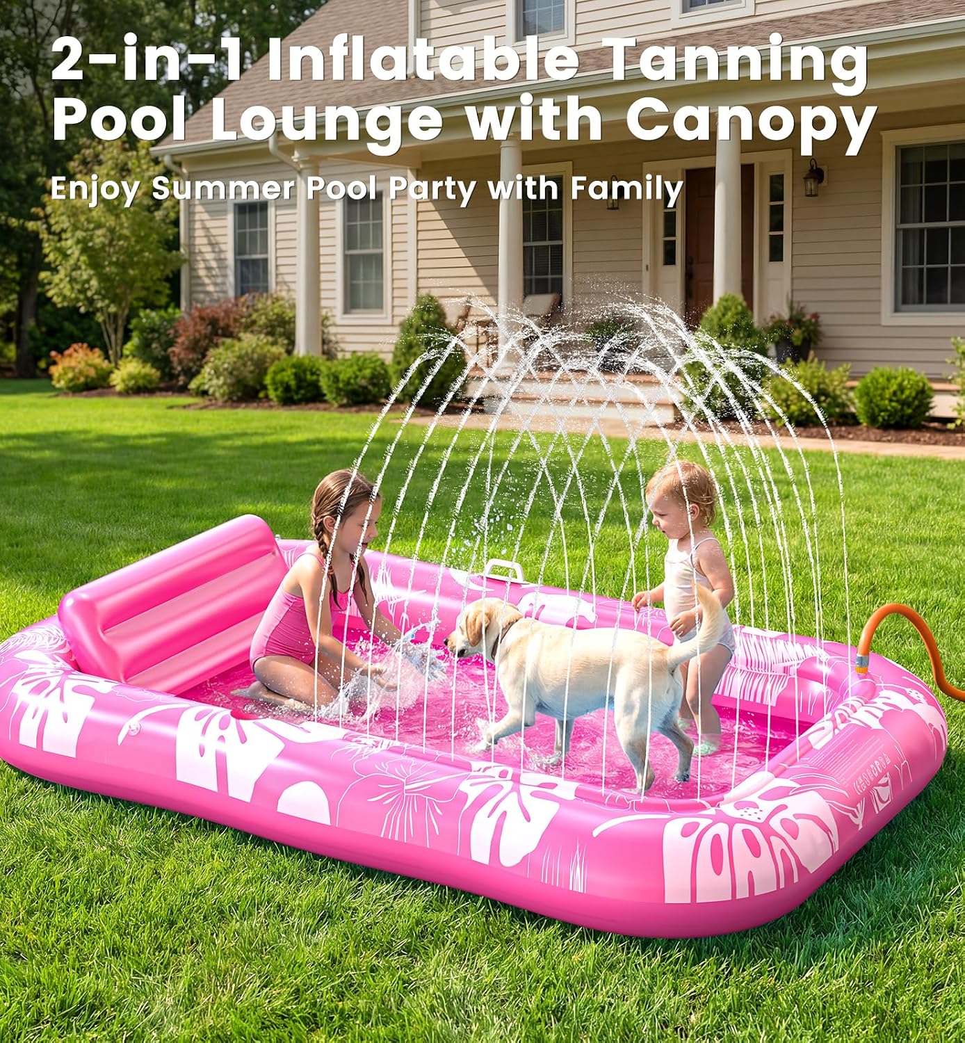 Hot Inflatable Tanning Pool Lounger Float with Sprinkler & Canopy UPF50+, 77" x 48" Extra Large Tanning Pool Float for Adults, Sunbathing Water Lounge Bed with Pillow & Cup Holder for Backyard & Pool
