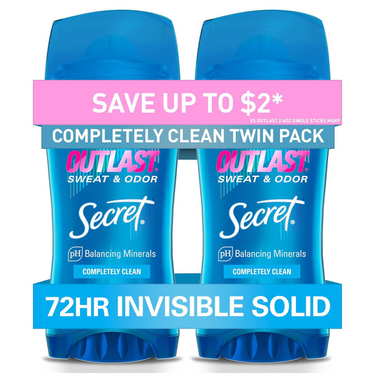 HotSecret Outlast Antiperspirant Deodorant for Women, 72hr Sweat & Odor Protection, PH Balancing Minerals, Invisible Solid, Completely Clean Scent, 2.6 oz (Pack of 2)