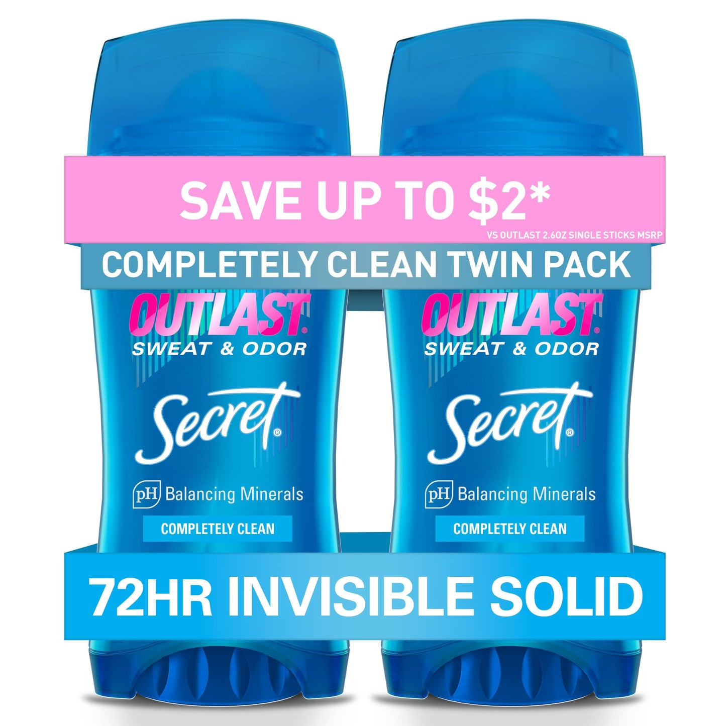 HotSecret Outlast Antiperspirant Deodorant for Women, 72hr Sweat & Odor Protection, PH Balancing Minerals, Invisible Solid, Completely Clean Scent, 2.6 oz (Pack of 2)