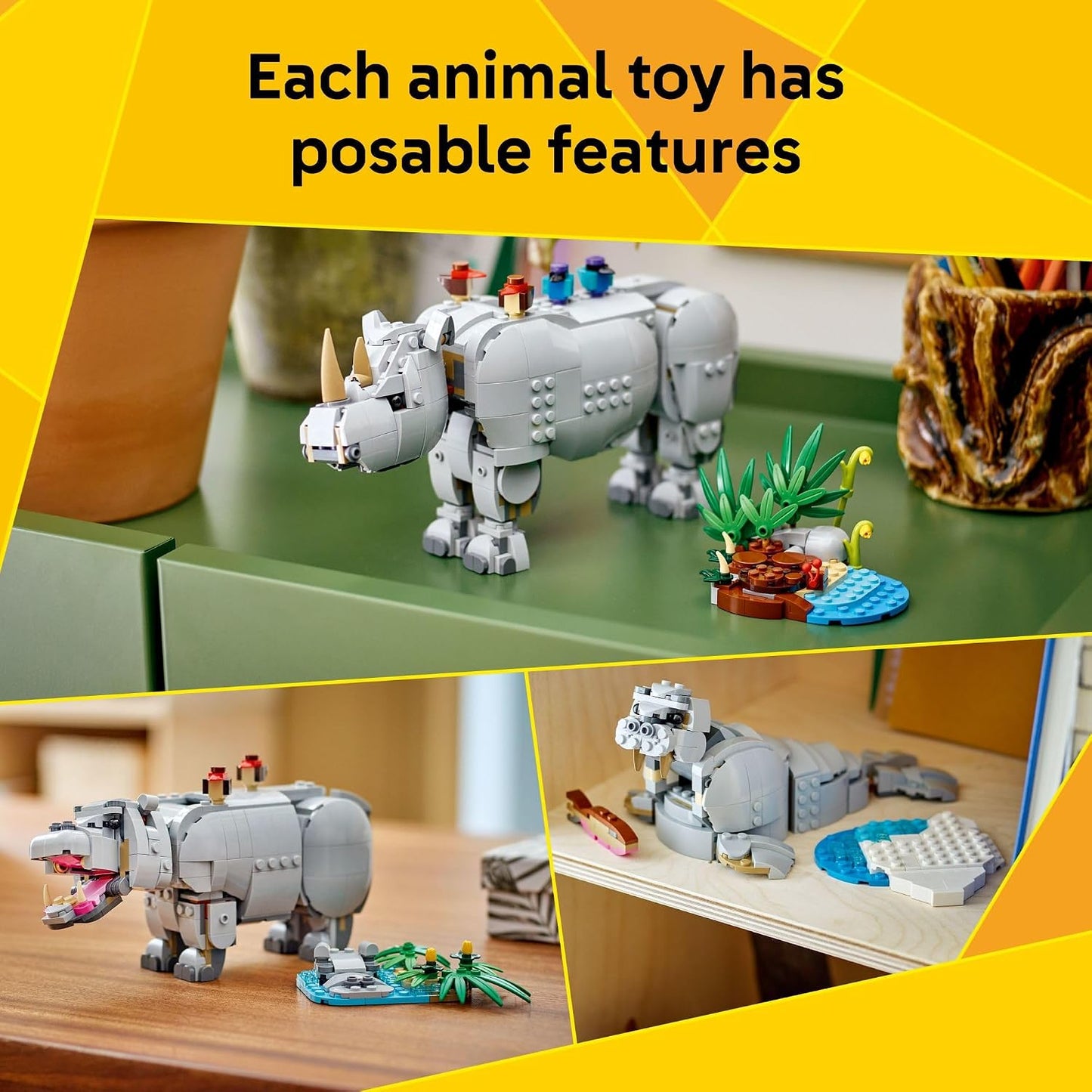 Hot LEGO Creator 3 in 1 Wild Animals: Majestic Rhino with Birds Building Toys for Kids - Safari Pretend Play Toys for Girls & Boys, Ages 9+ - Gift for Birthdays - 31171
