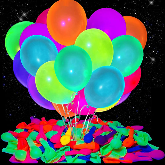 Hot150 Pcs UV Neon Balloons, 7 Colors Blacklight Reactive Fluorescent Balloons Glow in the Dark Birthday Decorations for Birthday, Wedding, Neon Party, Glow Party Decorations Supplies