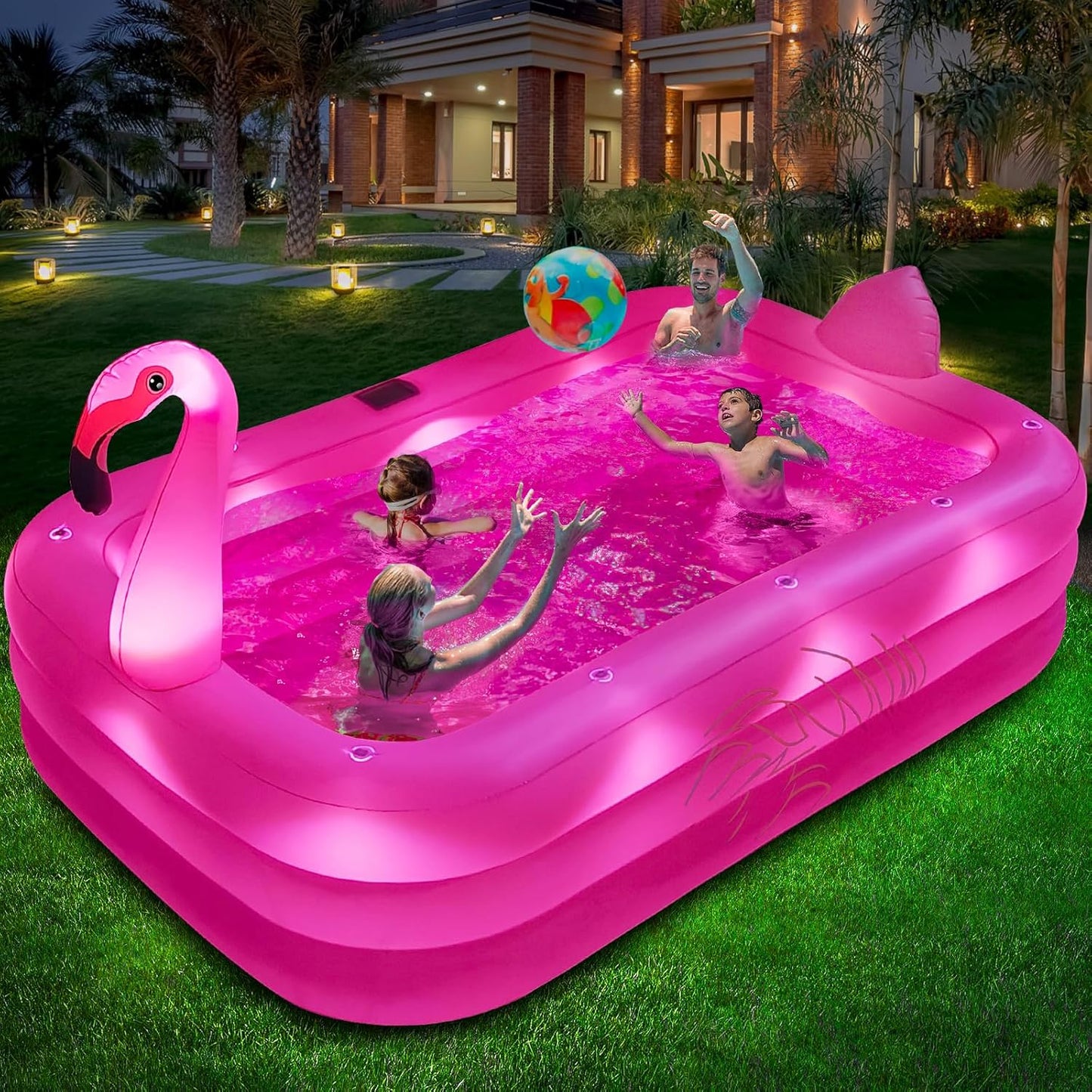 Hot Inflatable Pool with Lights, Solar Flamingo Swimming Pool for Kids,Adults Inflatable Blow up Pool, Large Kiddie Pool,Durable Thickened Kids Pool for Backyard,Outdoor,100"X63"X20"-Bright Pink