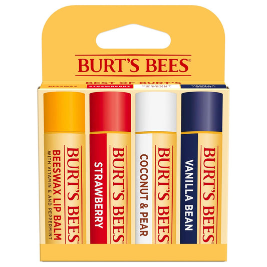 HotBurt's Bees Lip Balm, Beeswax, Strawberry, Coconut and Pear, and Vanilla Bean Pack, With Responsibly Sourced Beeswax, Tint-Free, Natural Lip Treatment, 0.15 oz., Four Tubes