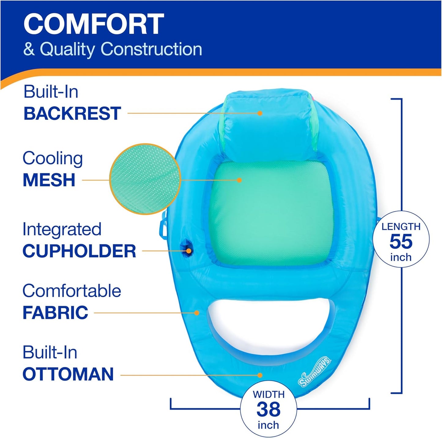 HotSwimWays Spring Float Recliner, Fast-Inflating Adult Pool Lounger; Ages 15+ | Patented Fast Inflation for Immediate Use During Travel, Fits Most Adults and Teens, Teens & Adults Can Lounge Comfortably
