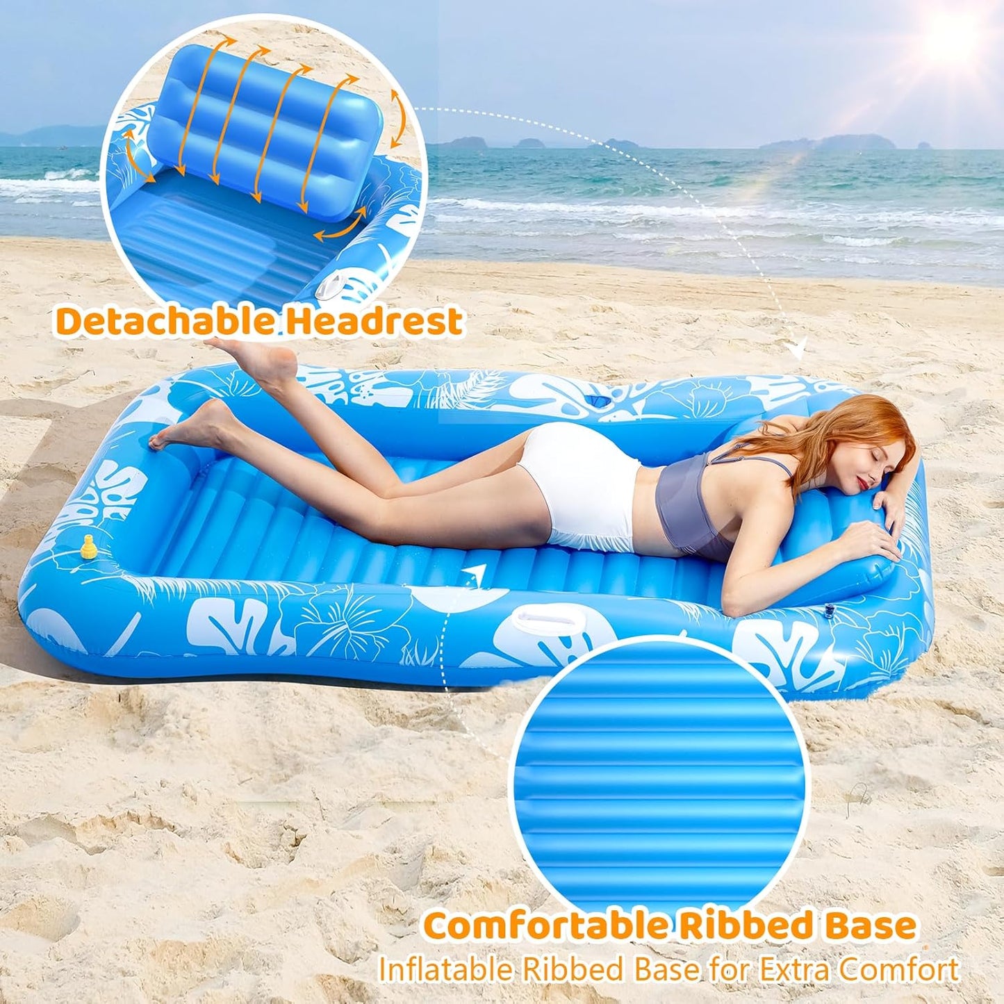 HotInflatable Tanning Pool Lounger Float with Sprinkler, 77" x 48" Pool Floats Adult with Pillow, 6 in 1 Suntan Tub Raft Floatie with Drink Holder Sunbathing Water Lounge