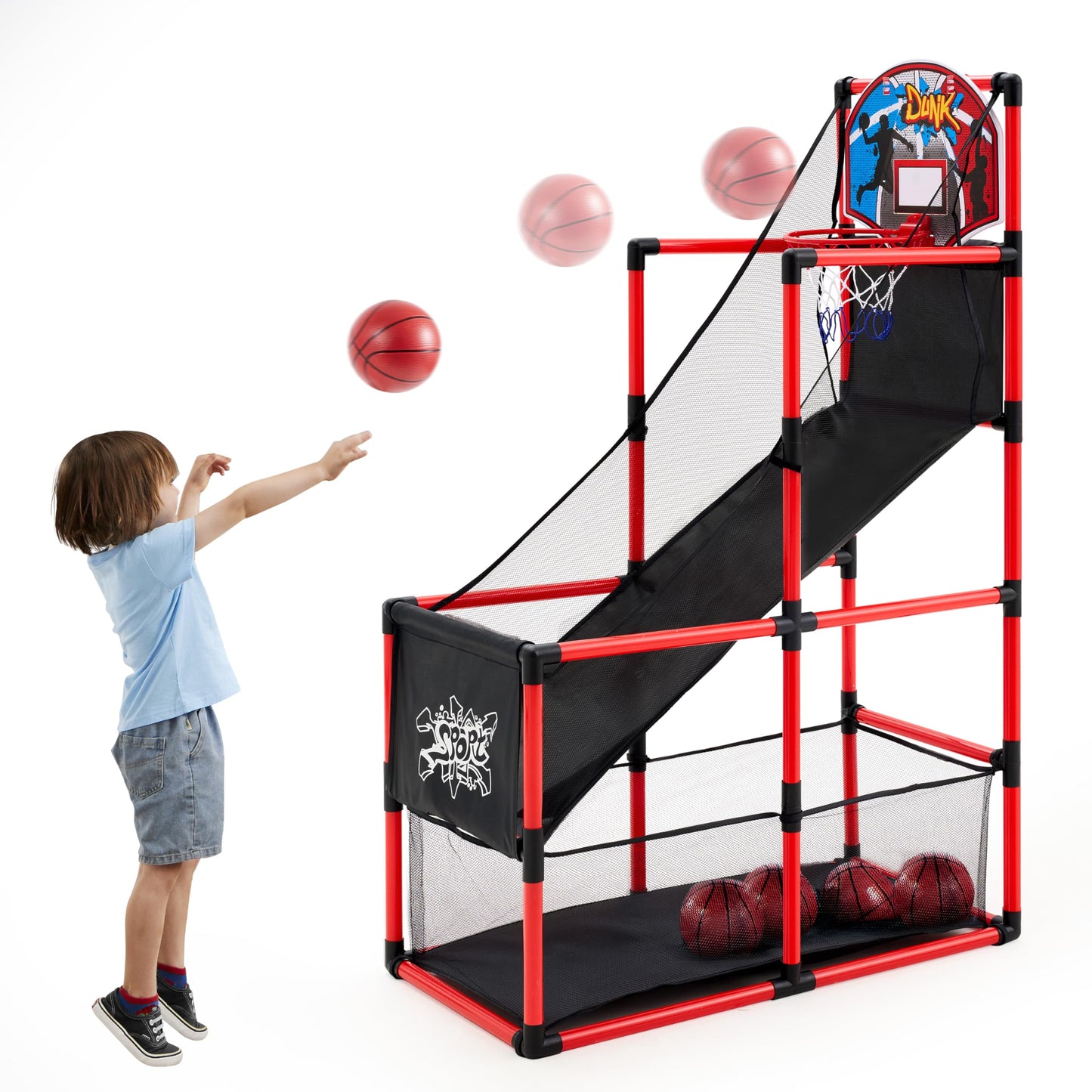 HotJOYIN Arcade Basketball Game Set with 4 Balls and Hoop for Kids 3+ Years Old Indoor Outdoor Sport Play - Easy Set Up - Air Pump Included - Ideal for Competition