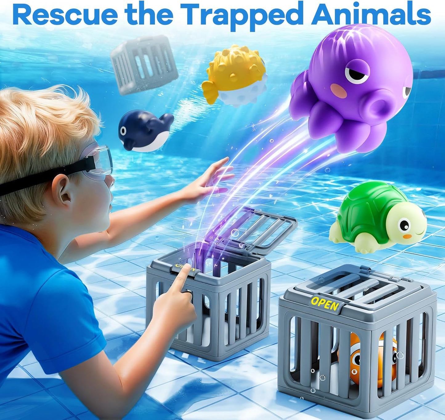 HotFunscape Kids Pool Diving Toys, Water Swimming Dive Pool Game, Toddler Bath Toy Play Set W/ Fish Box Floating Animals, Fun Outdoor Beach Lake Swim Summer Party Gift 3 4 5 6 7 8 10 12 Year Old Boy Girl
