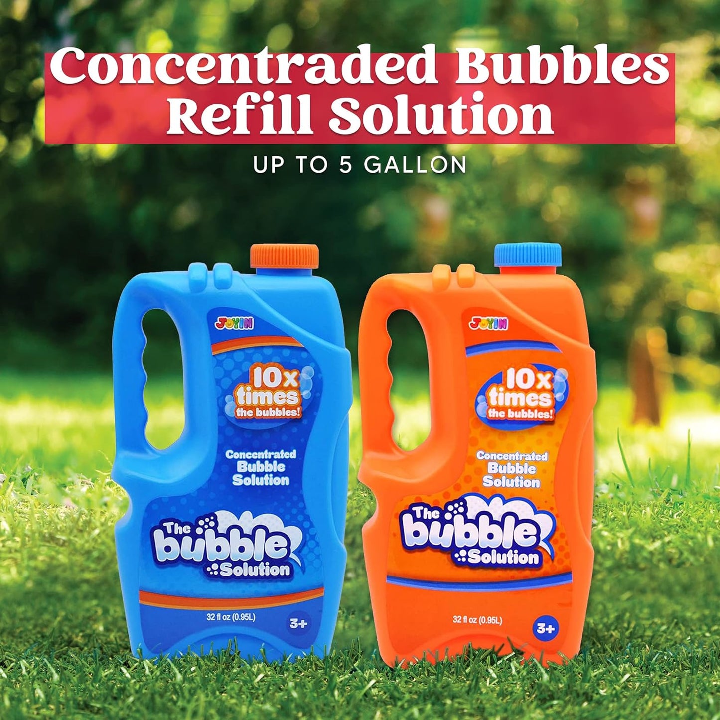 Hot JOYIN 2 Bottles Bubbles Refill Solutions 64 oz (up to 5 Gallon), Concentrated Solution for Bubble Machine, Gun, Wand Refill Fluid Summer, Easter Toys(Orange+Blue)